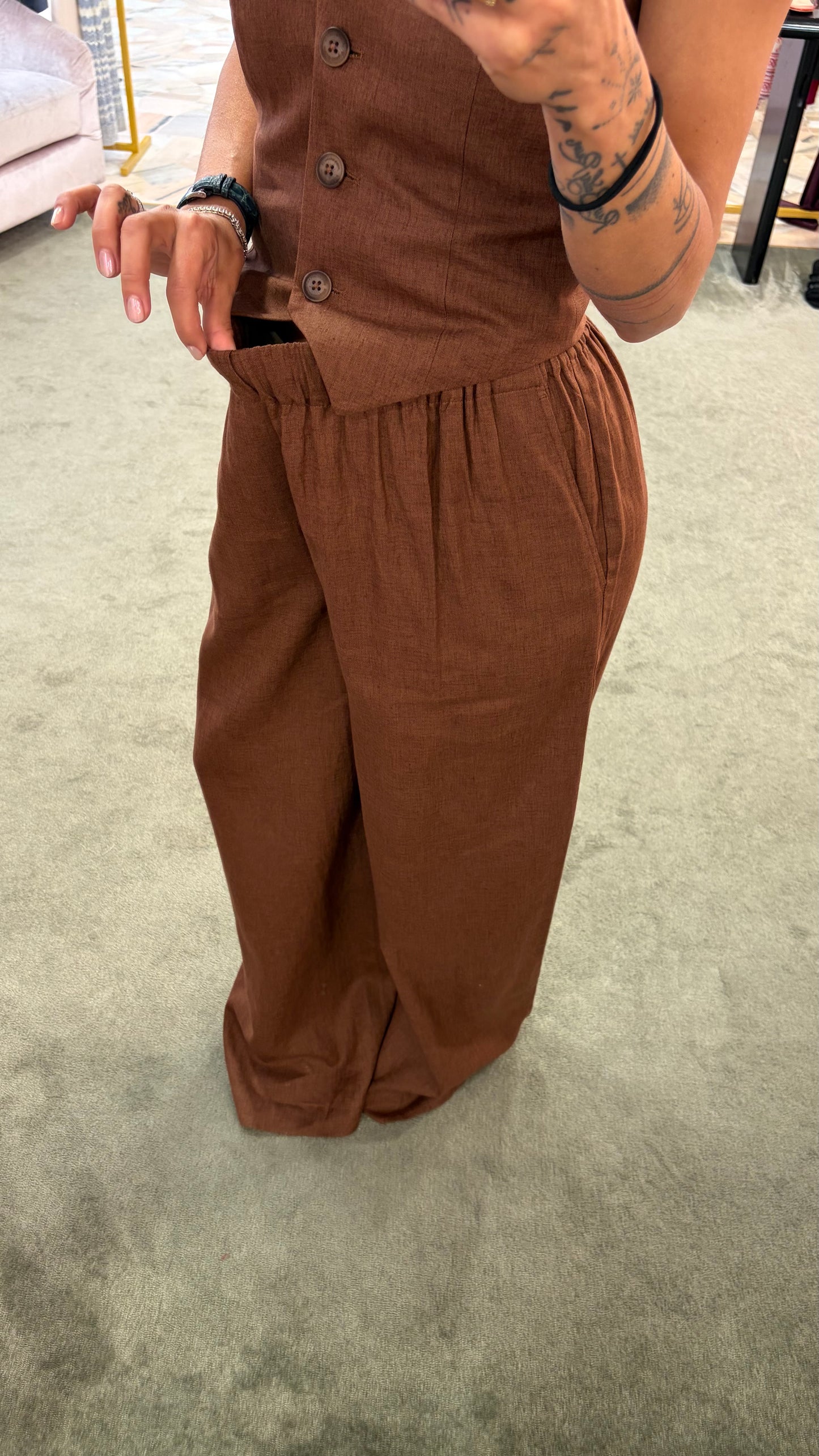 Pantaloni tabacco wide leg in lino Hinnominate