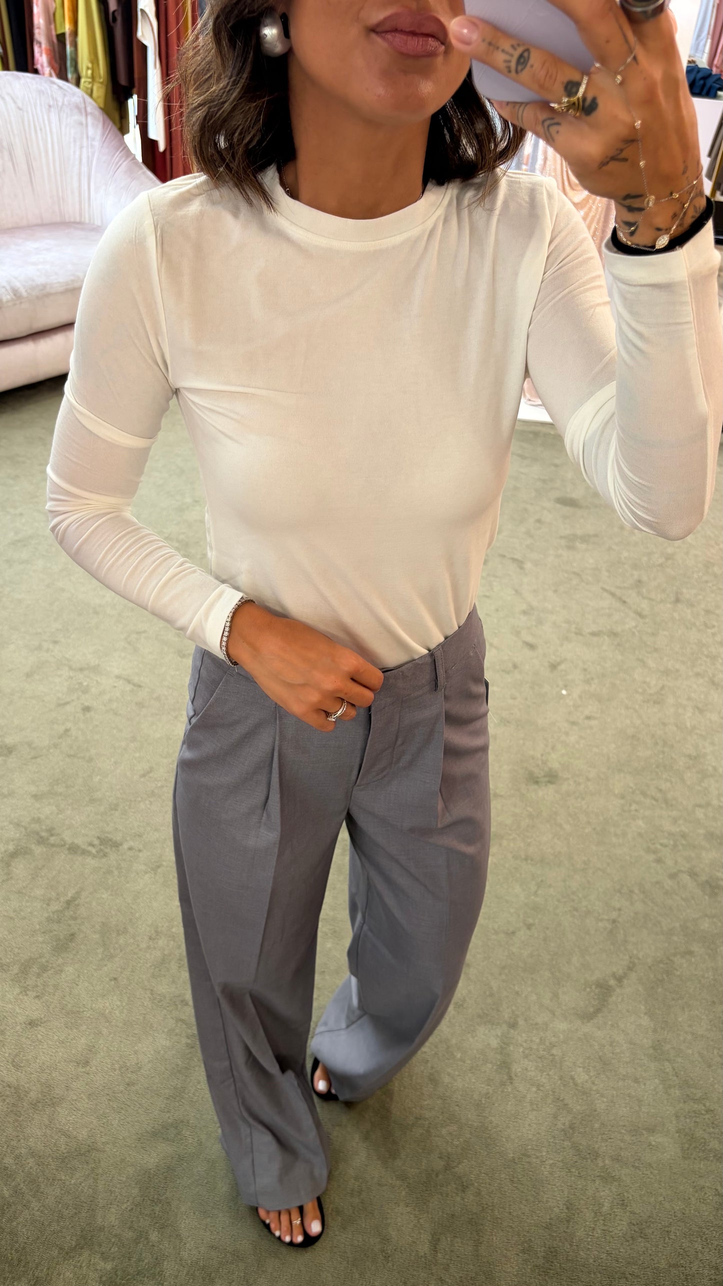 Pantaloni grigio ellis con pences wide leg jx