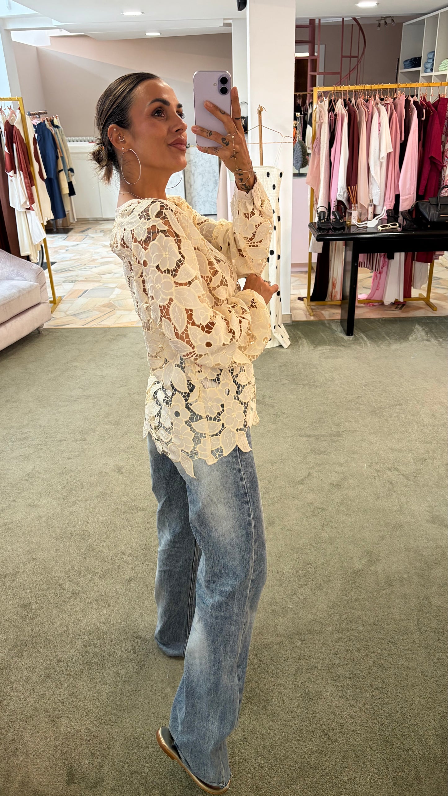 Camicia coreana crema  foglie traforata manica lunga sy