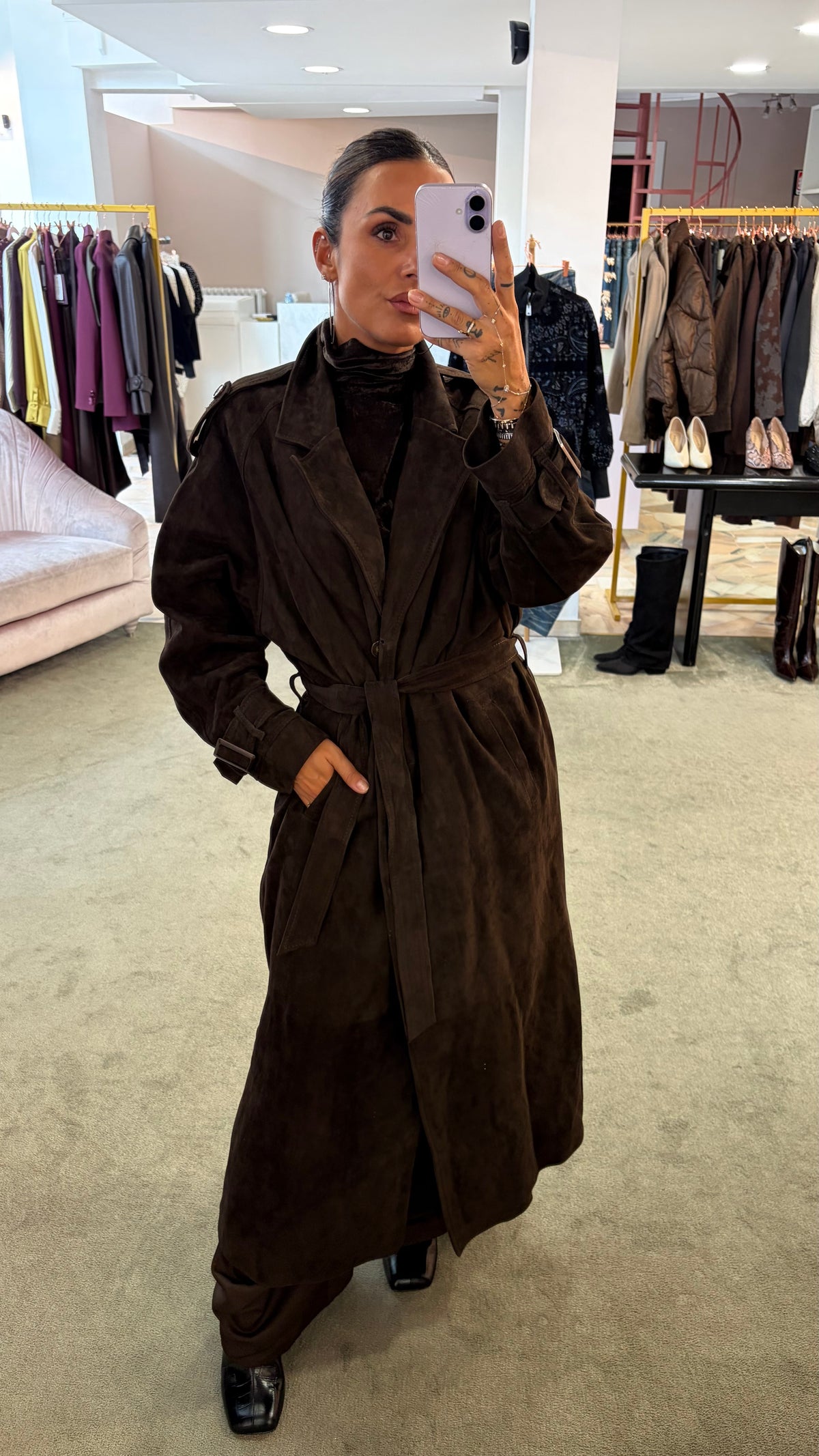 Trench marrone testa di moro lungo con cintura in pelle scamosciata Marsem