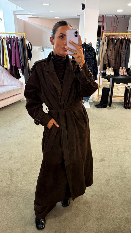 Trench marrone testa di moro lungo con cintura in pelle scamosciata Marsem