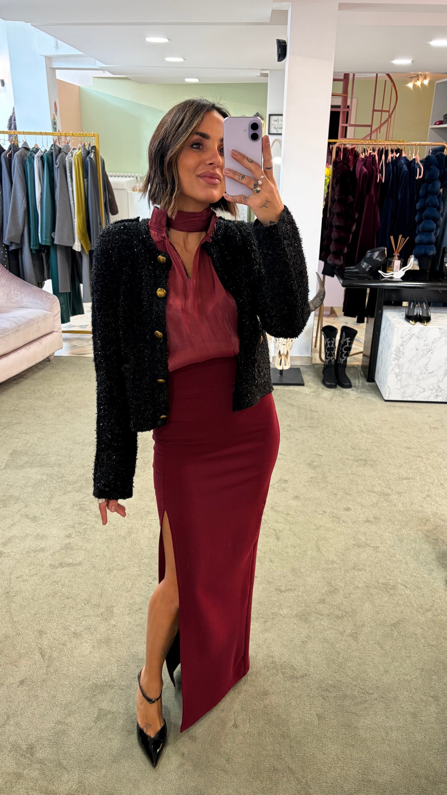 Maglione giacchetta nero in lurex con bottoni oro gl