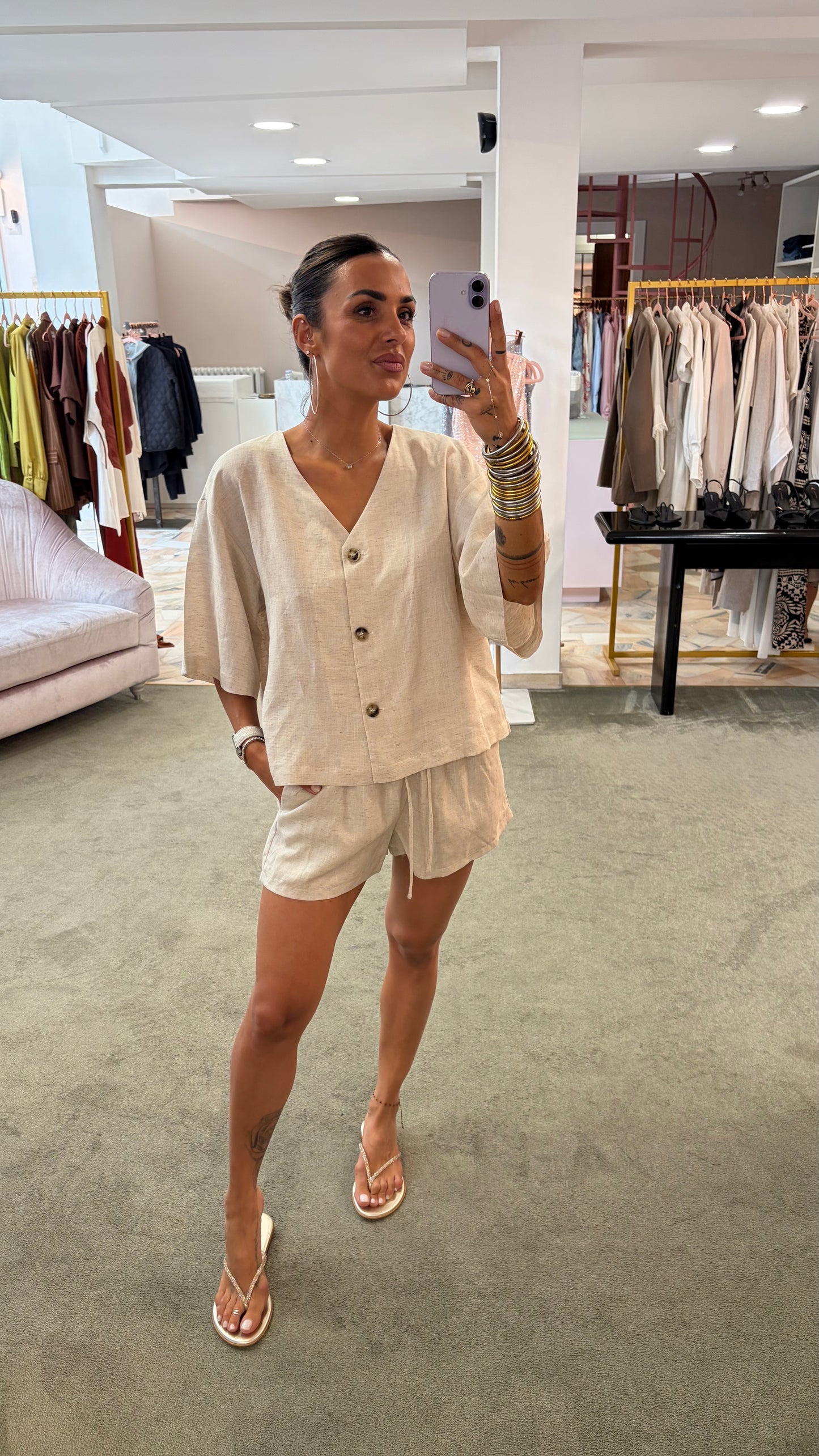 Camicia ecrù mélange in misto lino manica corta gl