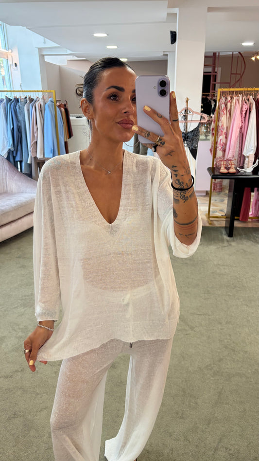 Maglia bianca scollo a v in lino fy