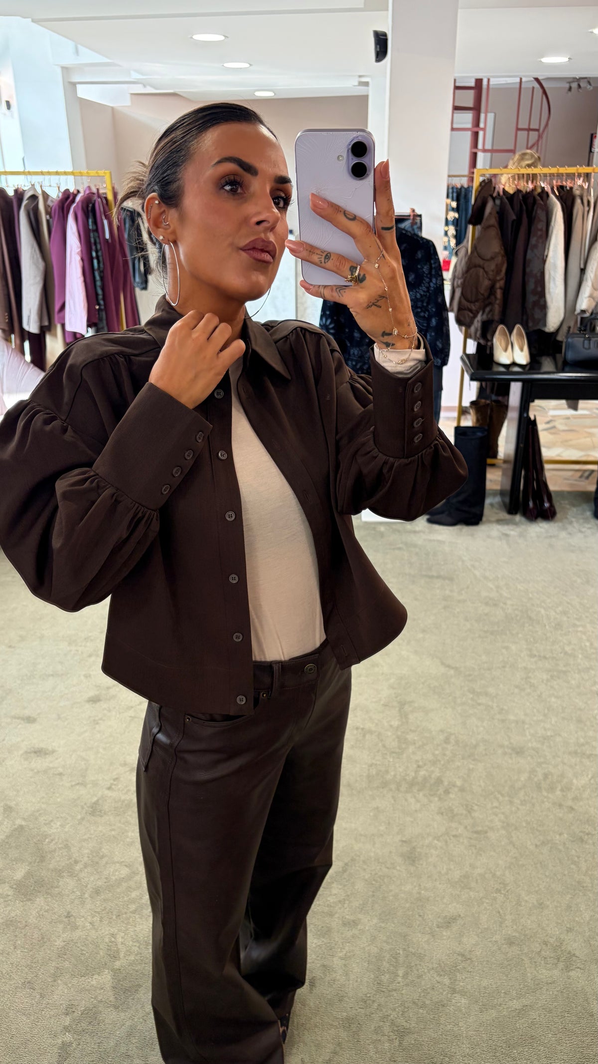 Giacca camicia marrone manica a sbuffo ay