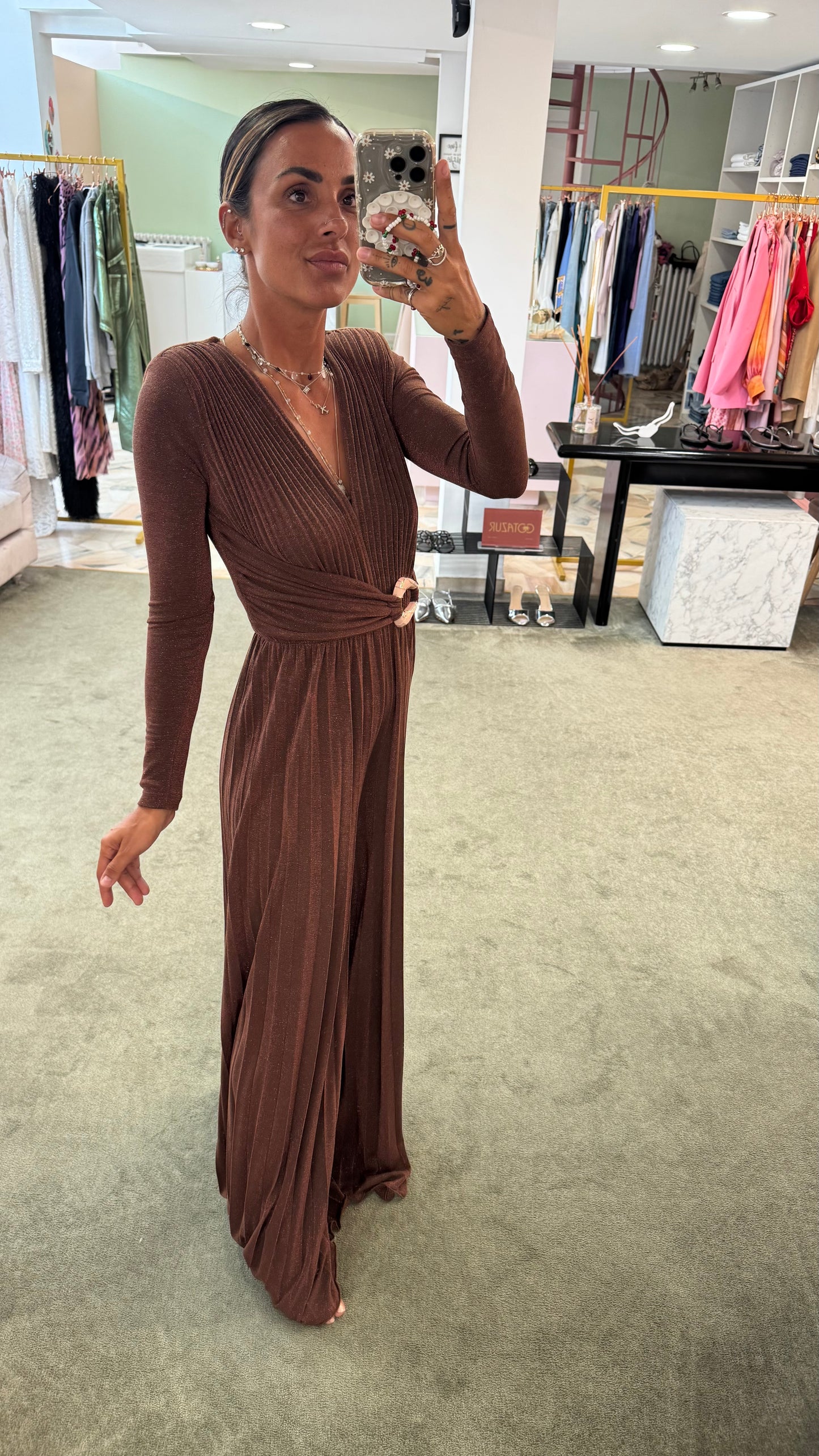 Jumpsuit marrone lurex plisse’ in maglia  fr
