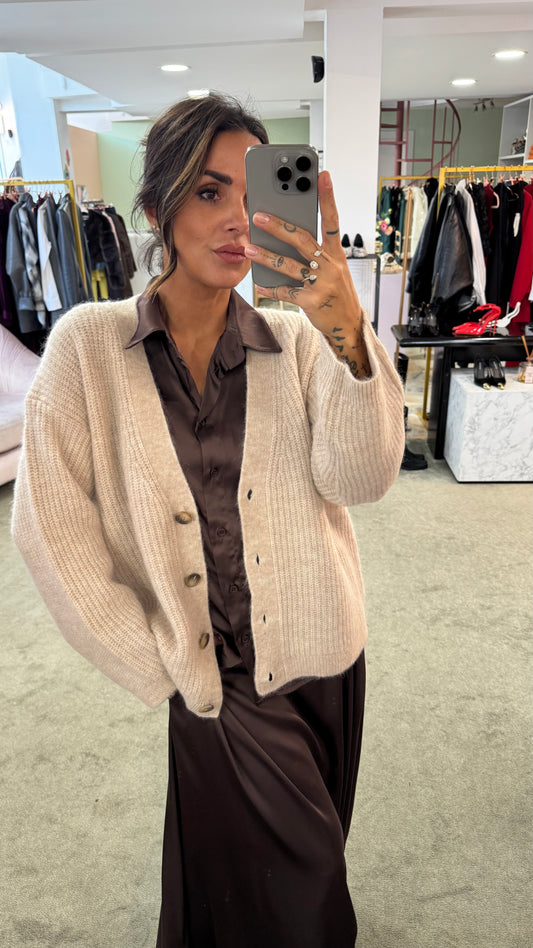 Cardigan over beige melange maglia inglese sl