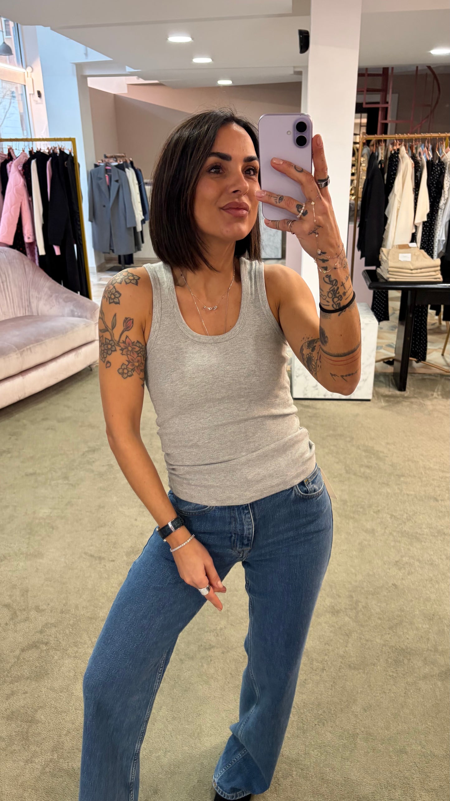 Canotta grigia melange a costine scollo tondo jx