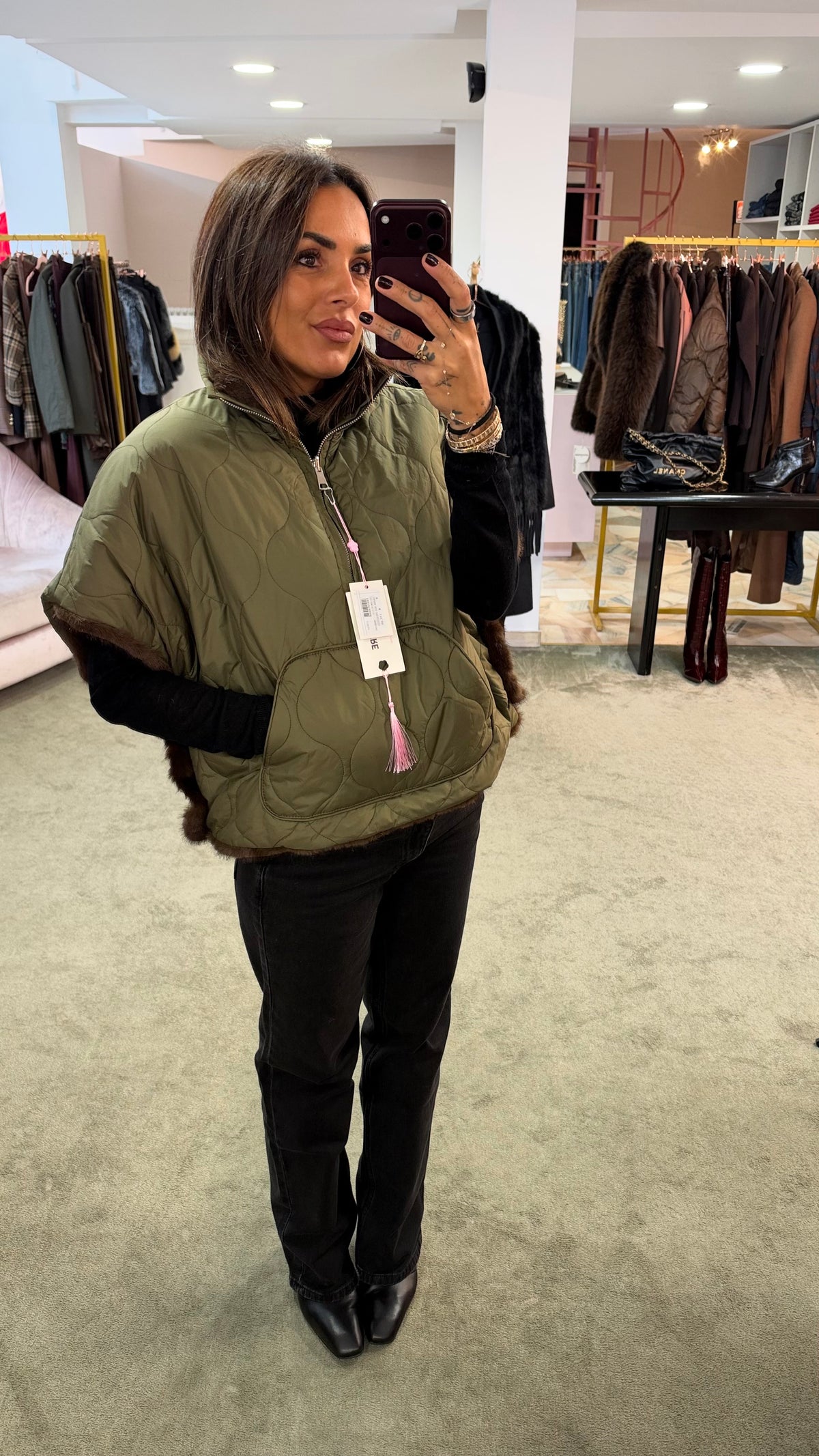 Cappa verde militare reversibile con eco pelliccia marrone sp