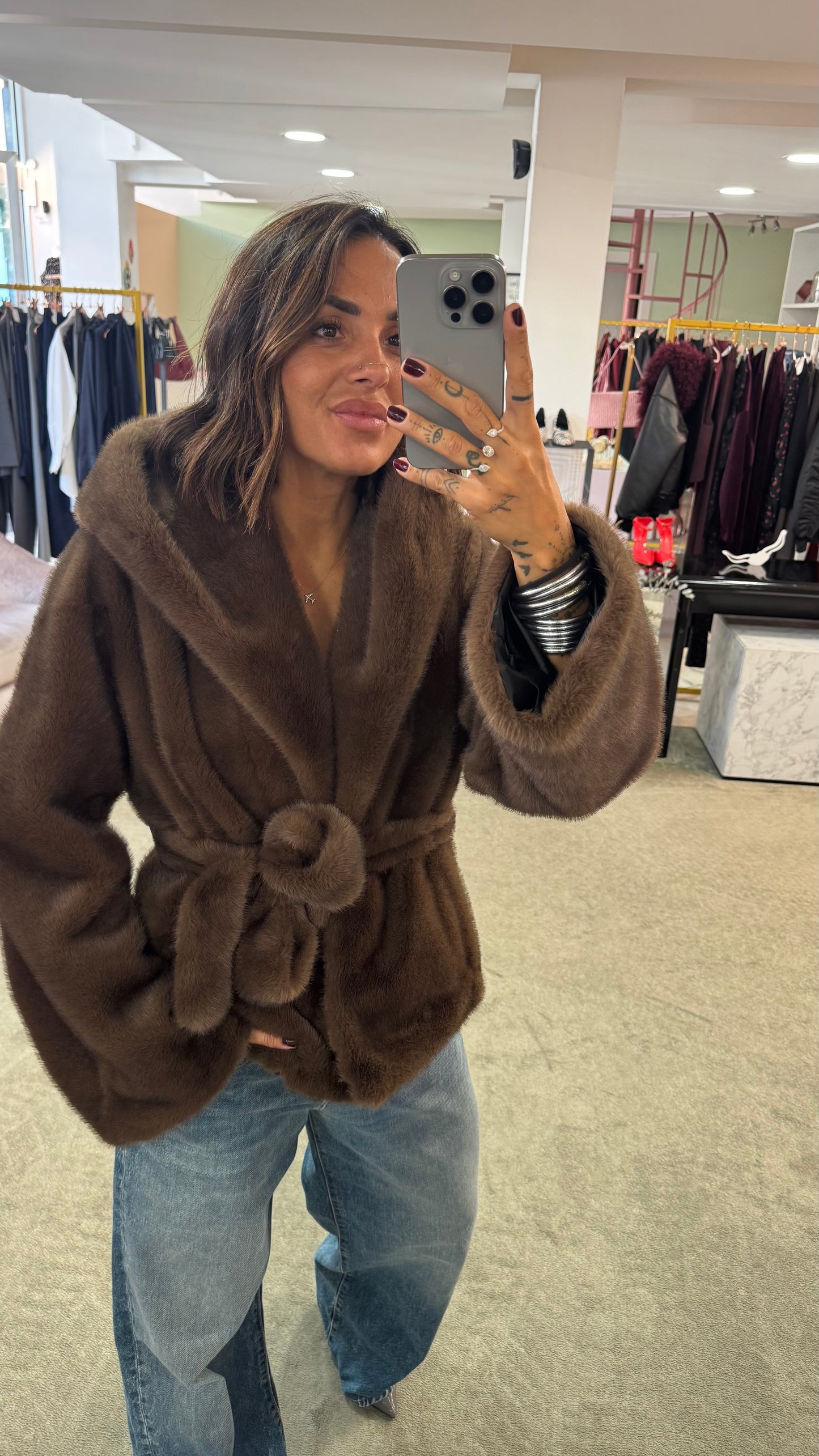 Pelliccia eco marrone luxury con cappuccio ys