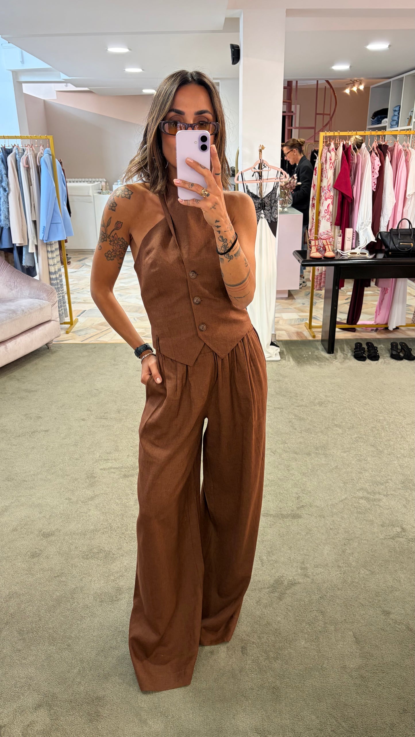 Gilet tabacco incrociato in lino Hinnominate