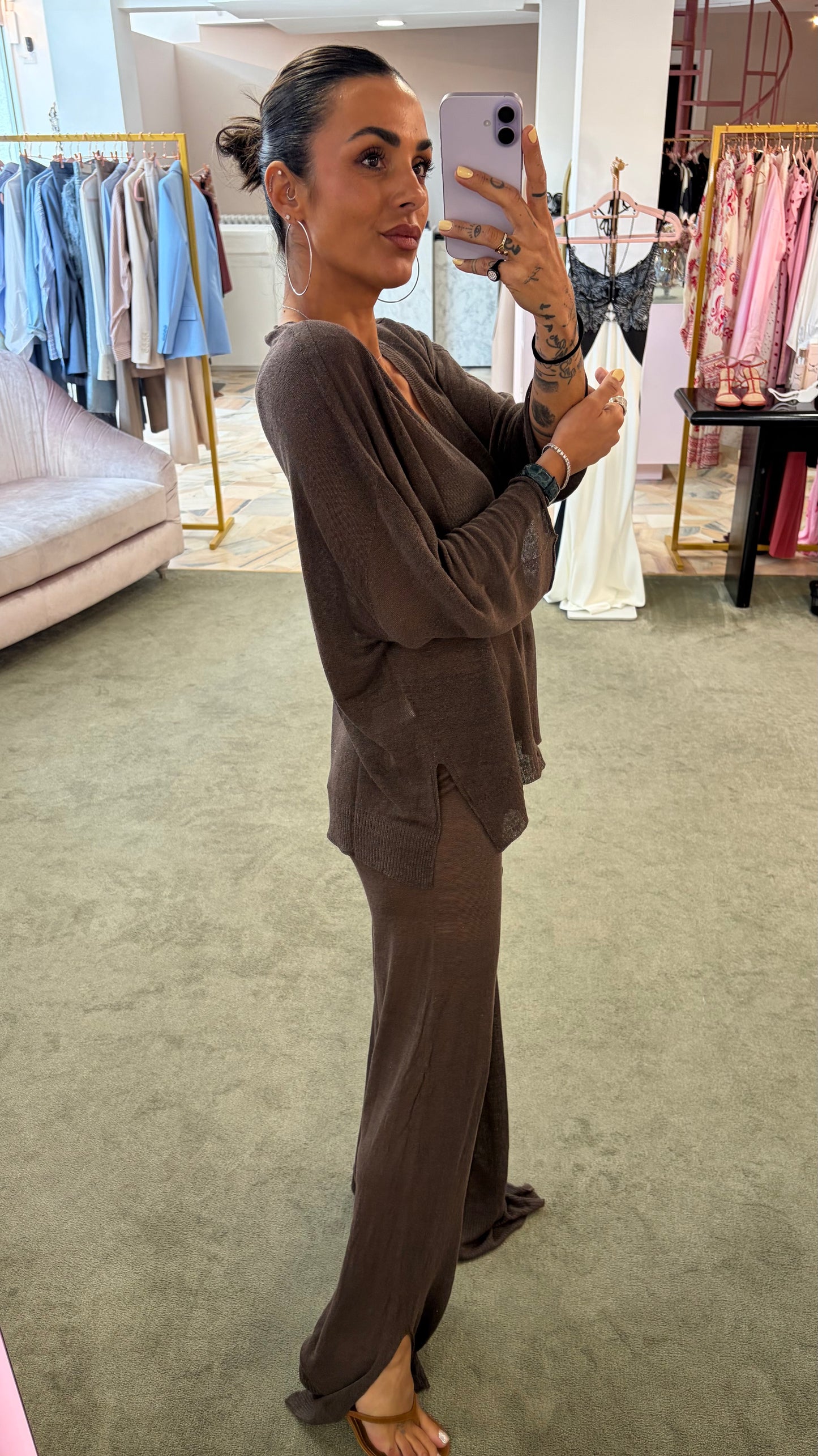 Pantaloni marrone cacao in lino fy