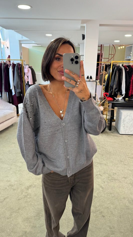 Cardigan grigio con pietre bj