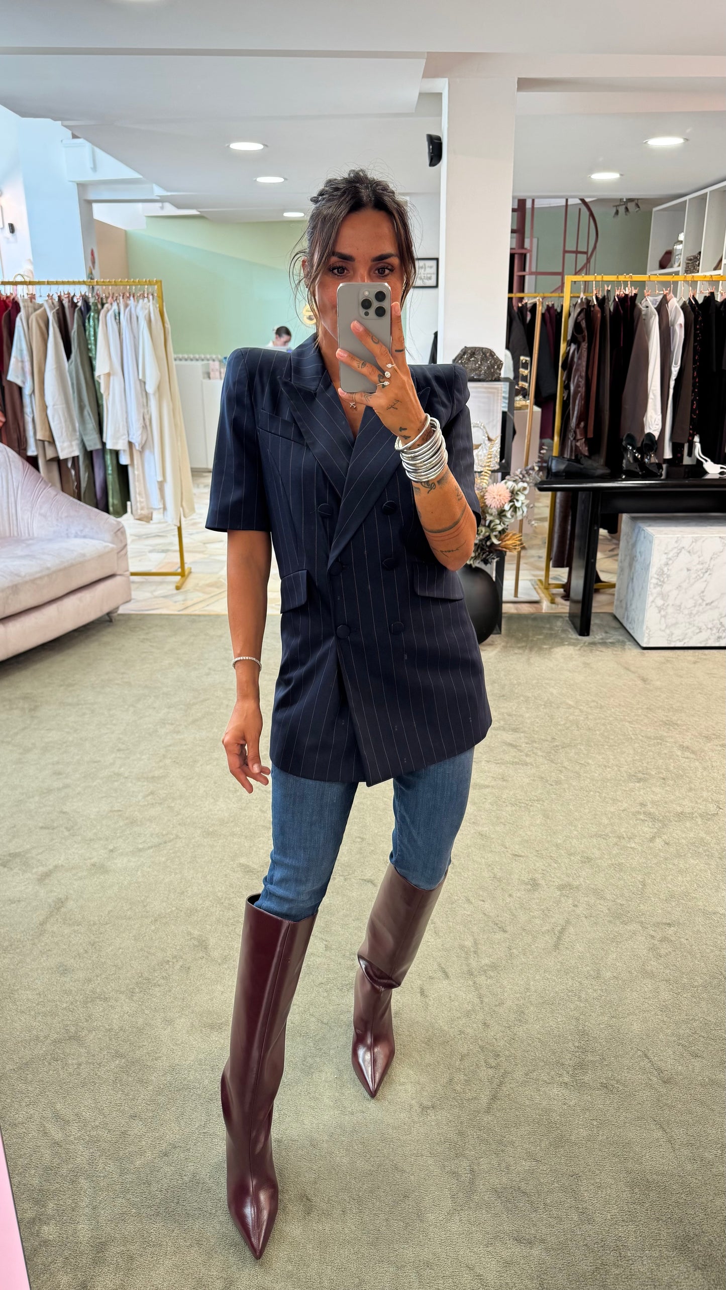 Blazer blu gessato manica corta Actualee