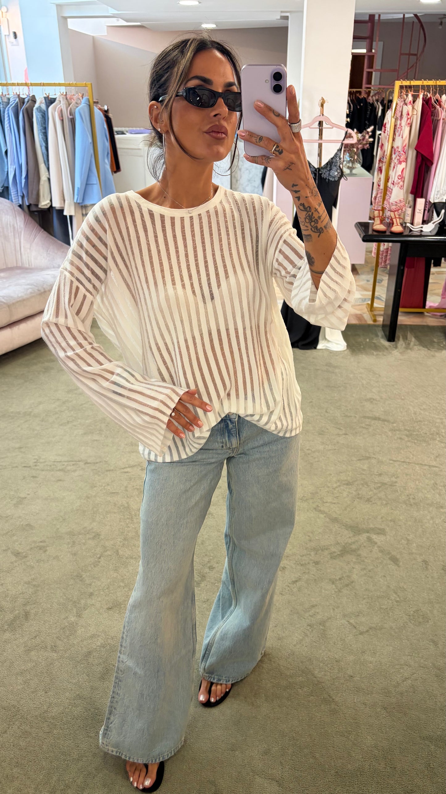 Maglia bianca maniche lunghe a righe trasparente bj