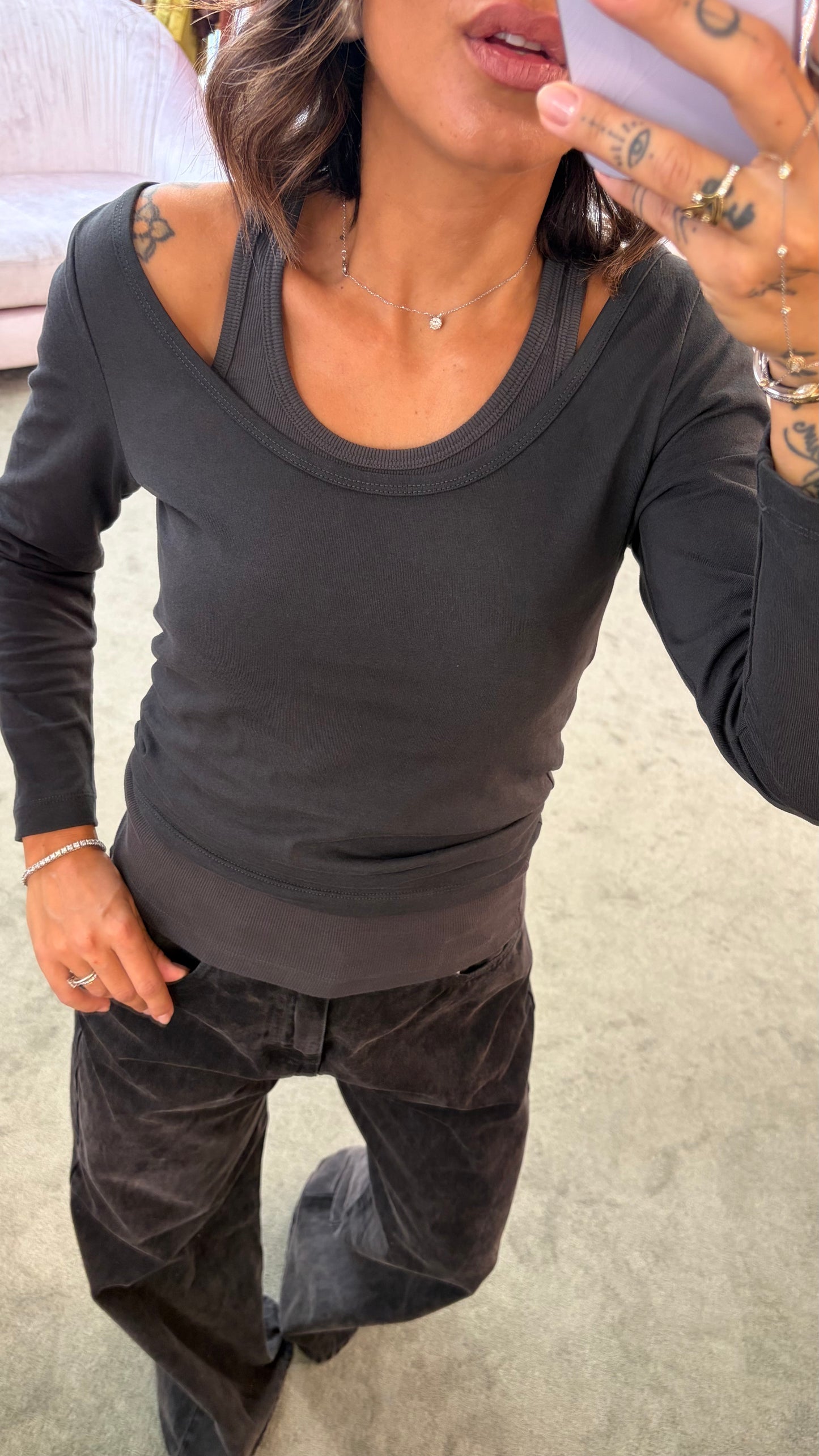 T-shirt grigia manica lunga con canotta incorporata Icon Denim