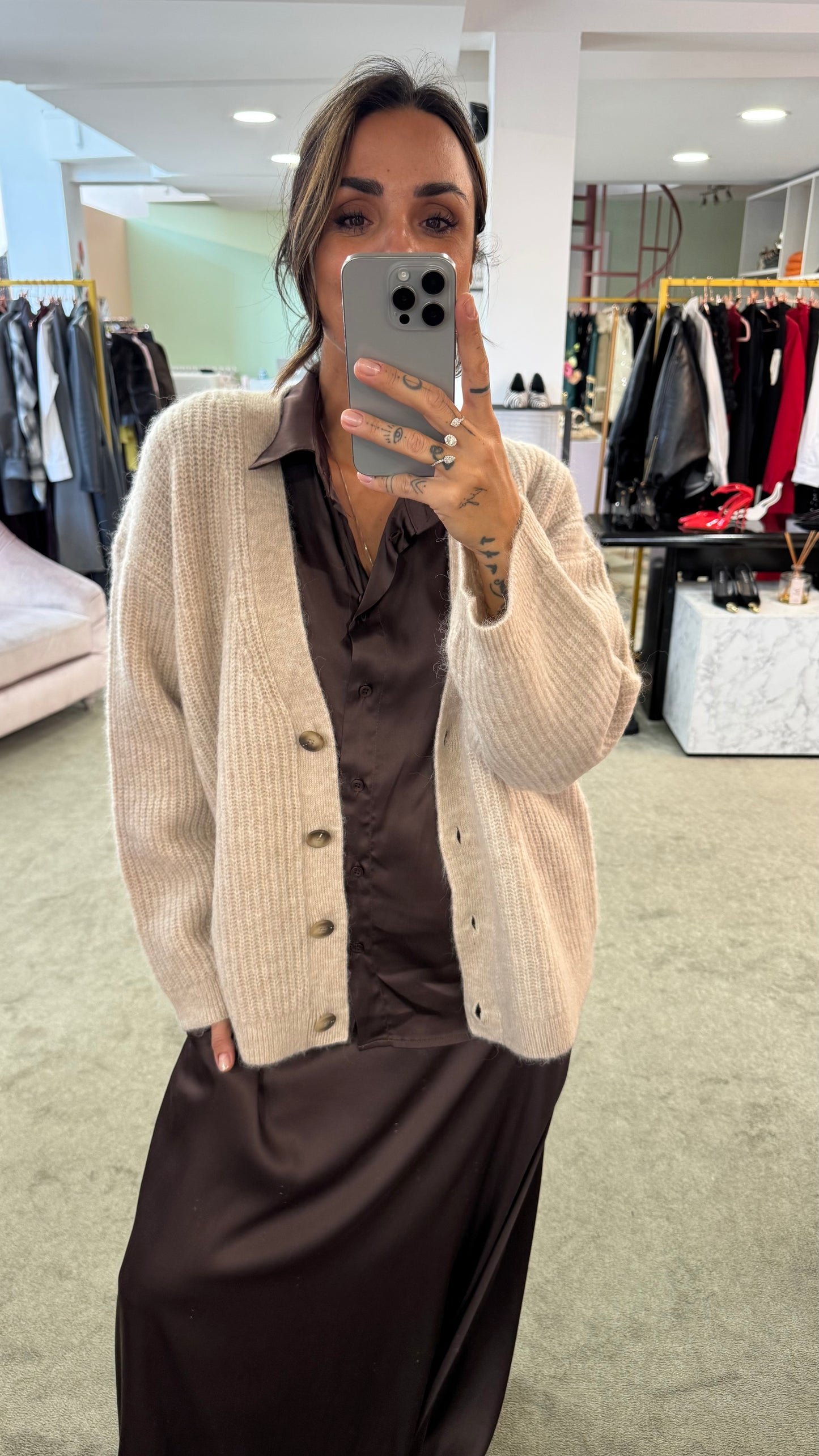 Cardigan over beige melange maglia inglese sl