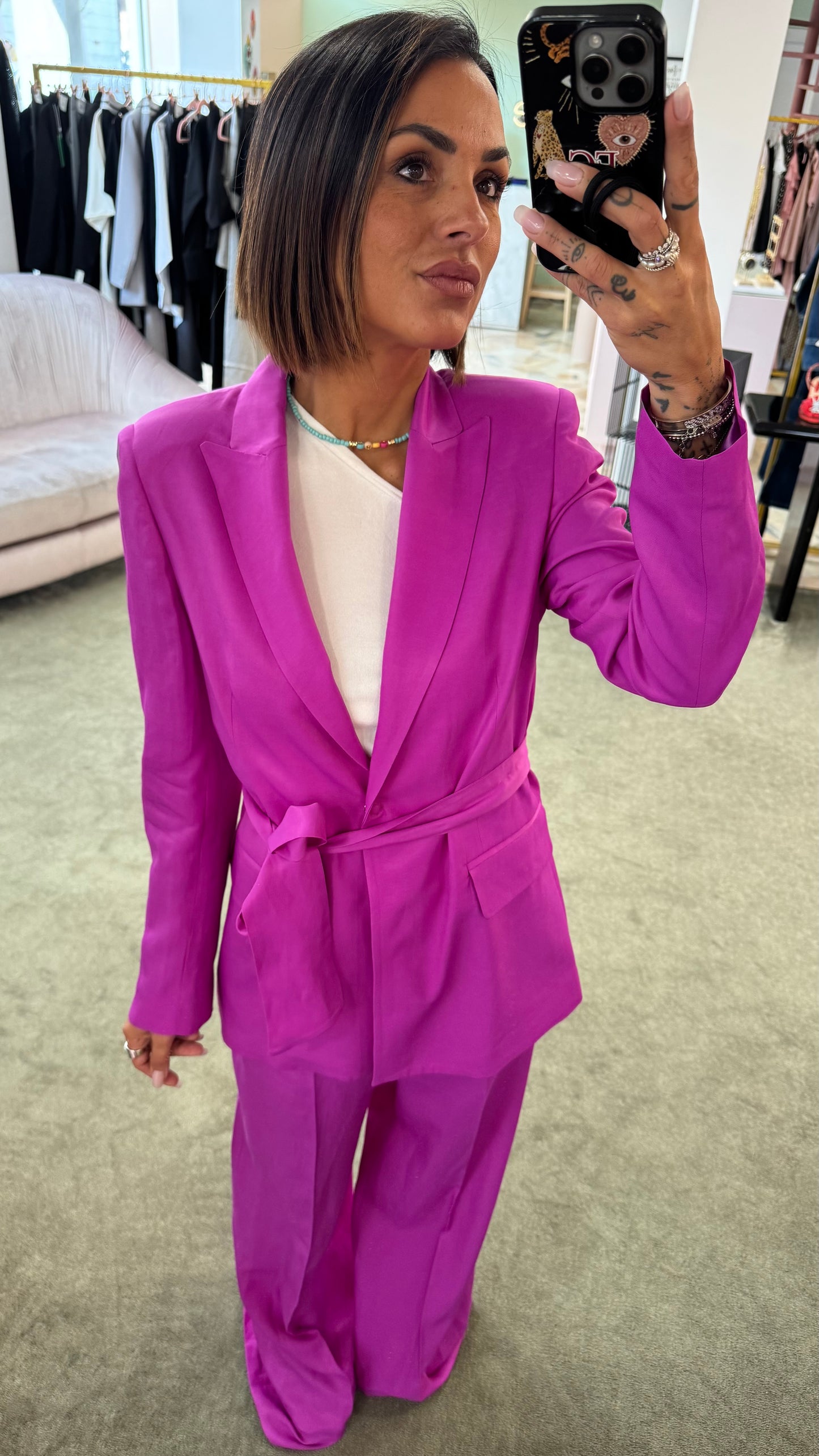 Blazer plume satin con cintura Actualee