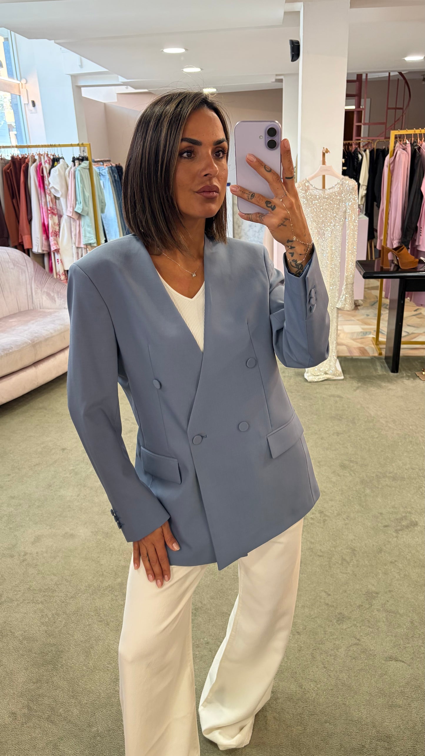 Blazer celeste doppiopetto senza rever Marsem