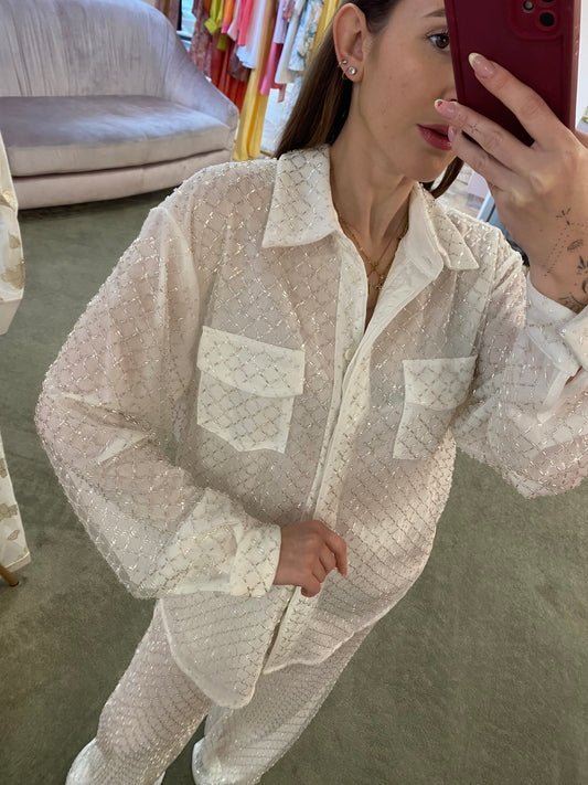 Camicia bianca over con paillettes argento tw