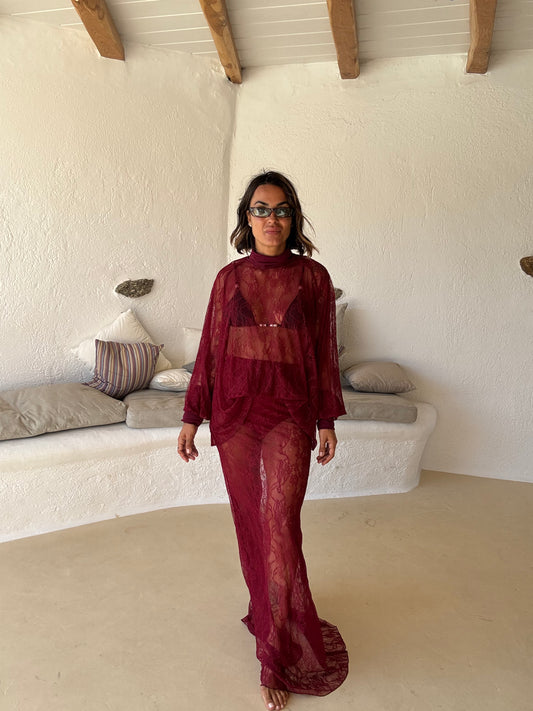 Gonna lunga bordeaux in pizzo con culotte ks