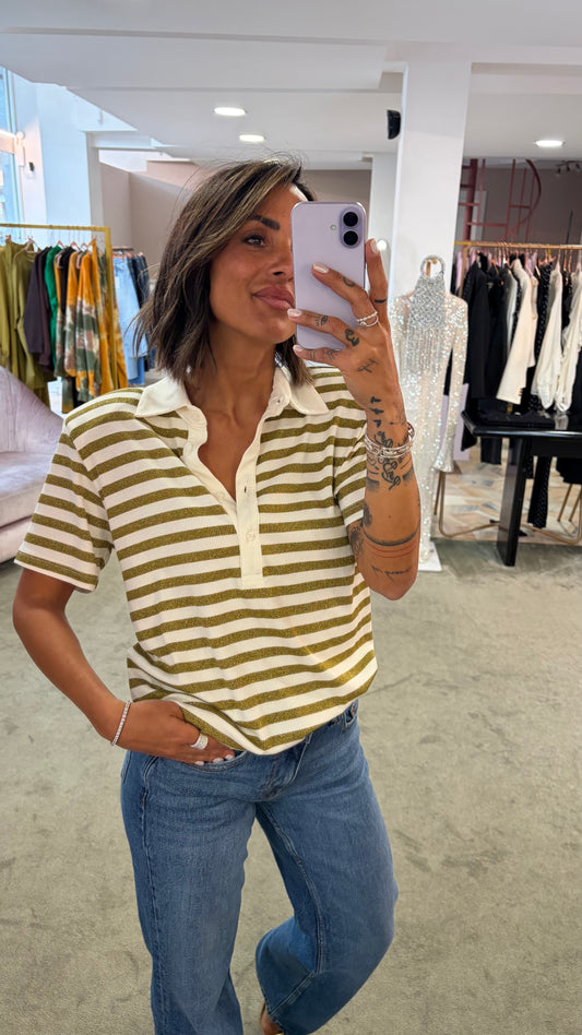 Polo bianca e lime a righe lurex ks