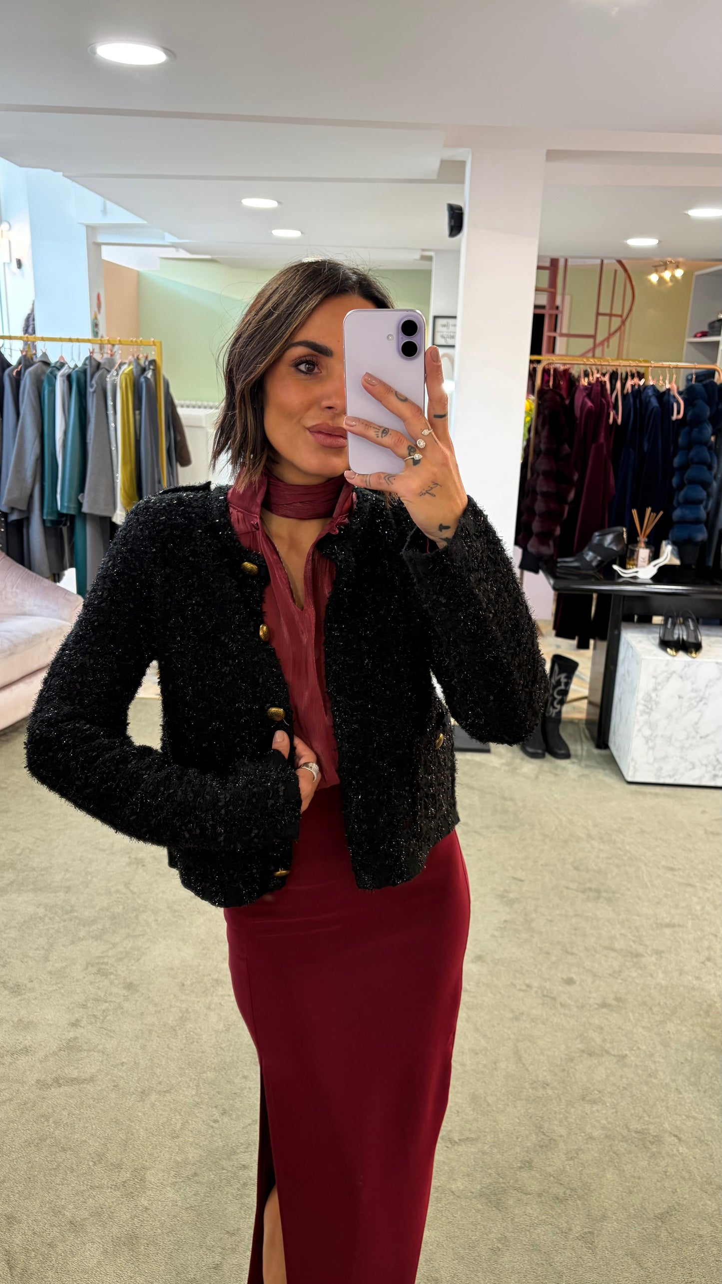 Maglione giacchetta nero in lurex con bottoni oro gl