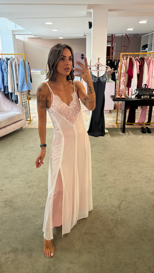 Abito lungo rosa e bianco sottoveste con inserti in pizzo