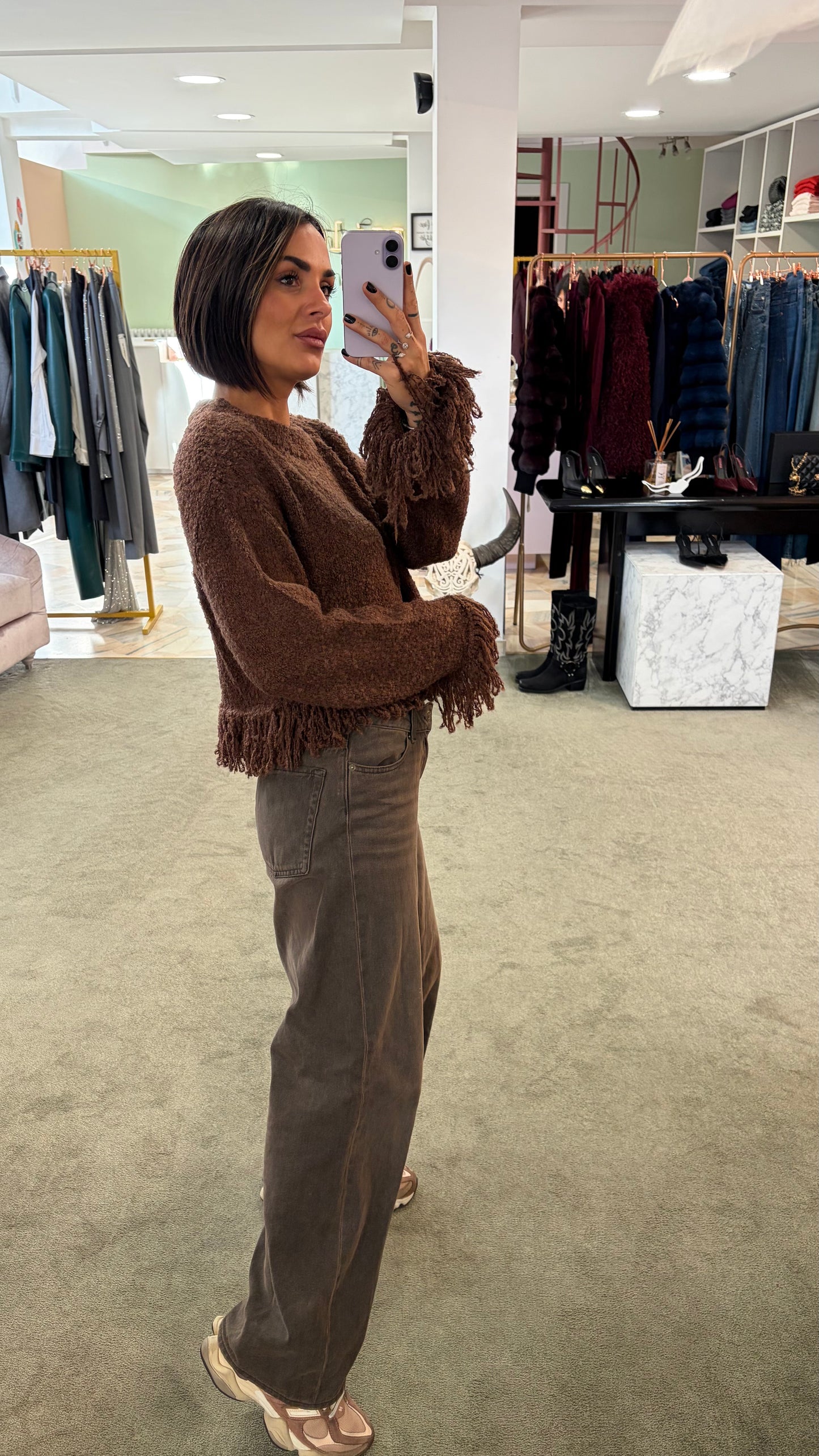 Maglione marrone crop con frange gl