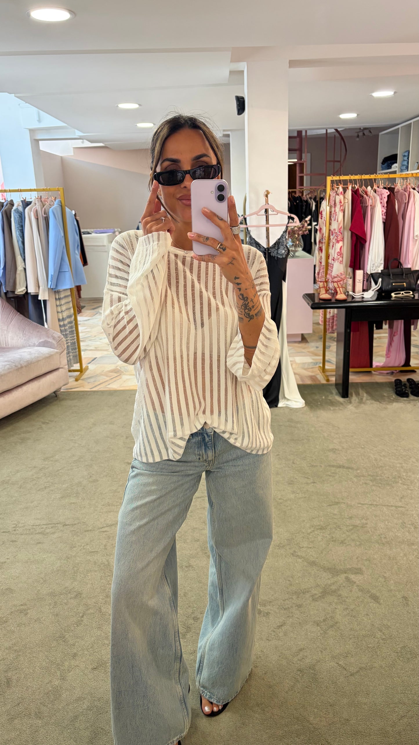 Maglia bianca maniche lunghe a righe trasparente bj