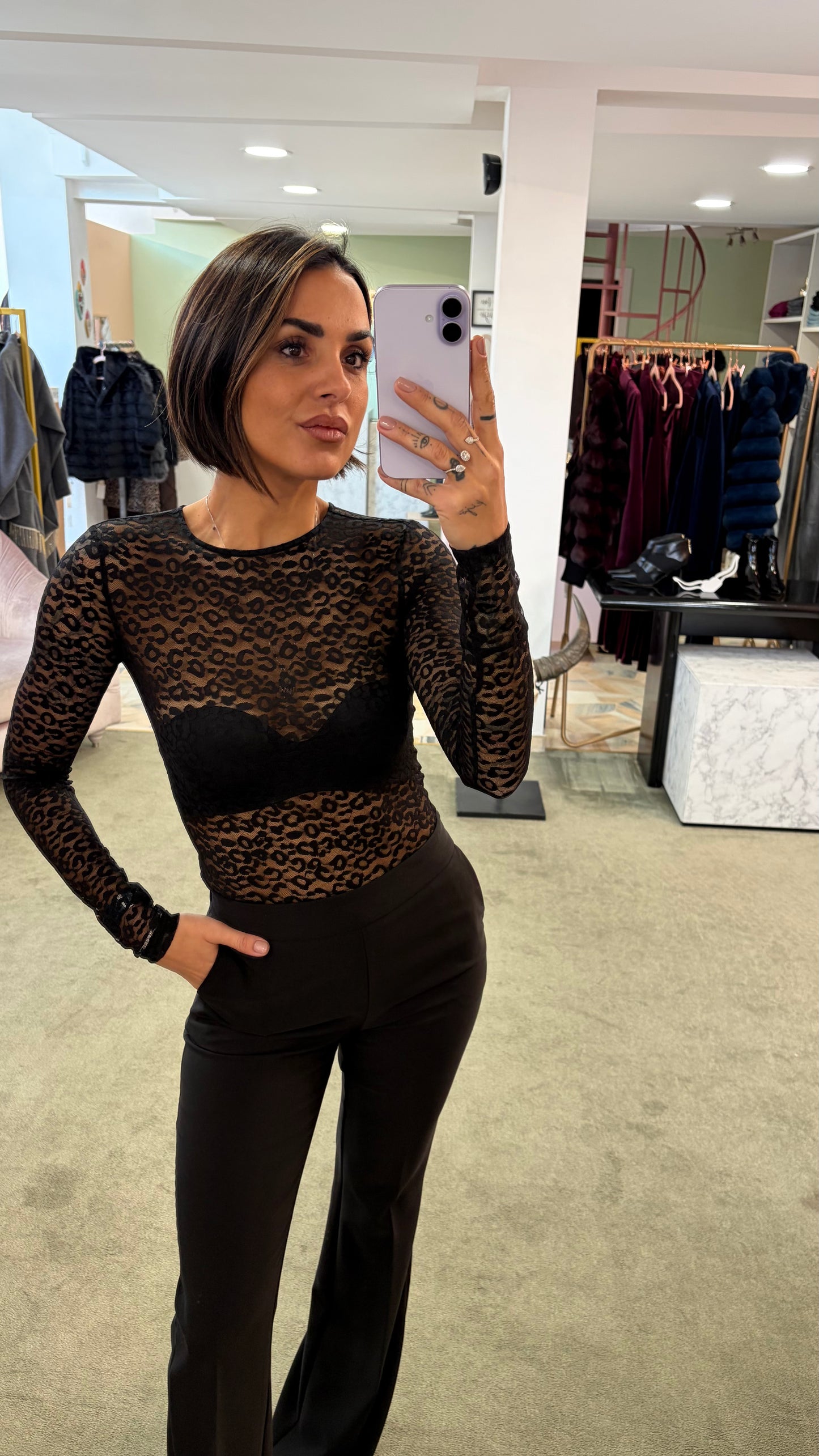 Body nero in pizzo maculato fr