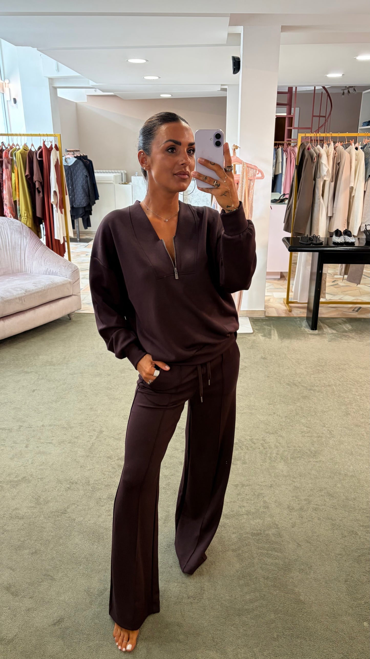 Felpa scollo a v con zip vinaccia bordeaux  in modal sy