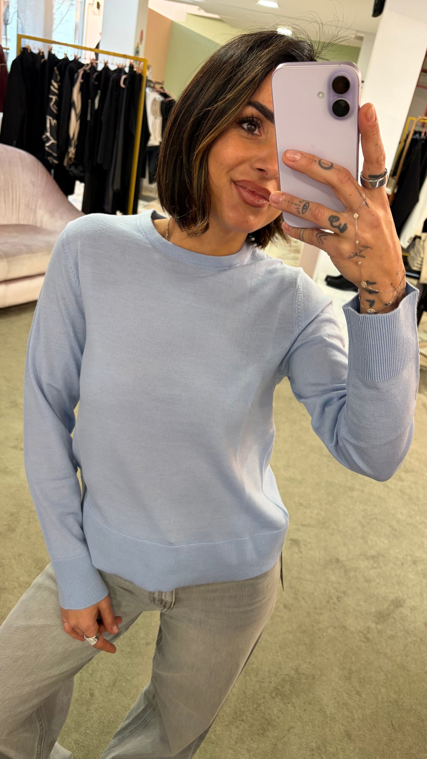 Maglione girocollo thea azzurro in lana merino sl