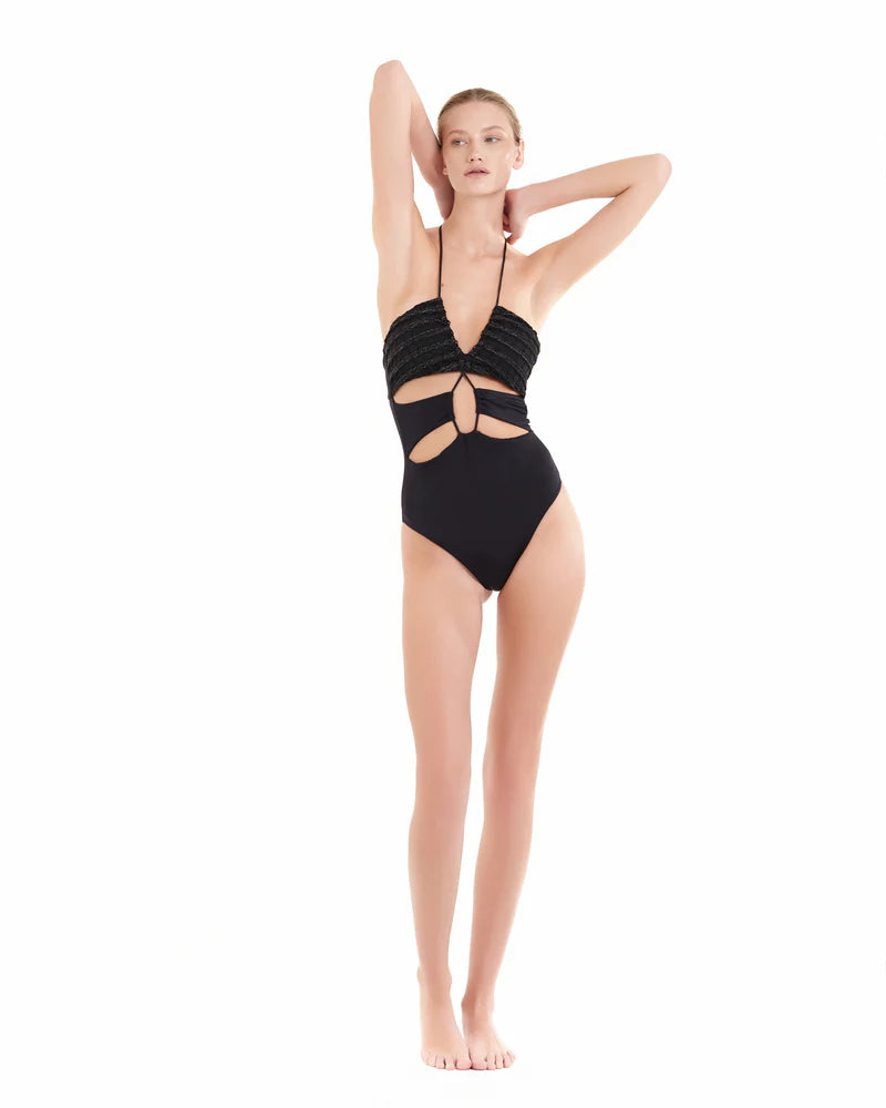 Costume intero in maglia a rete nero lurex Cotazur