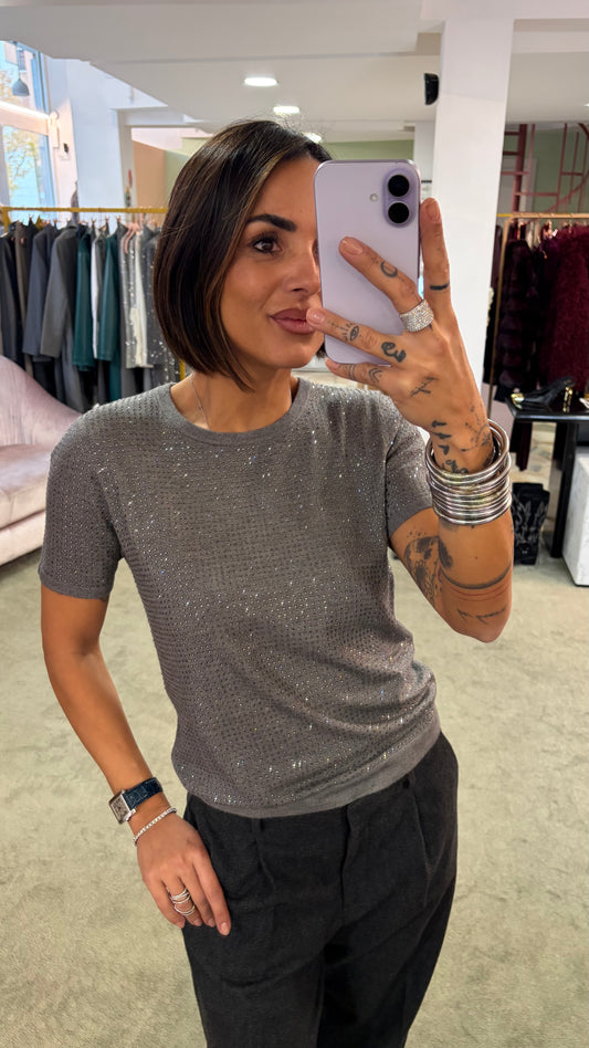 Maglia t-shirt grigia manica corta con cristalli fr