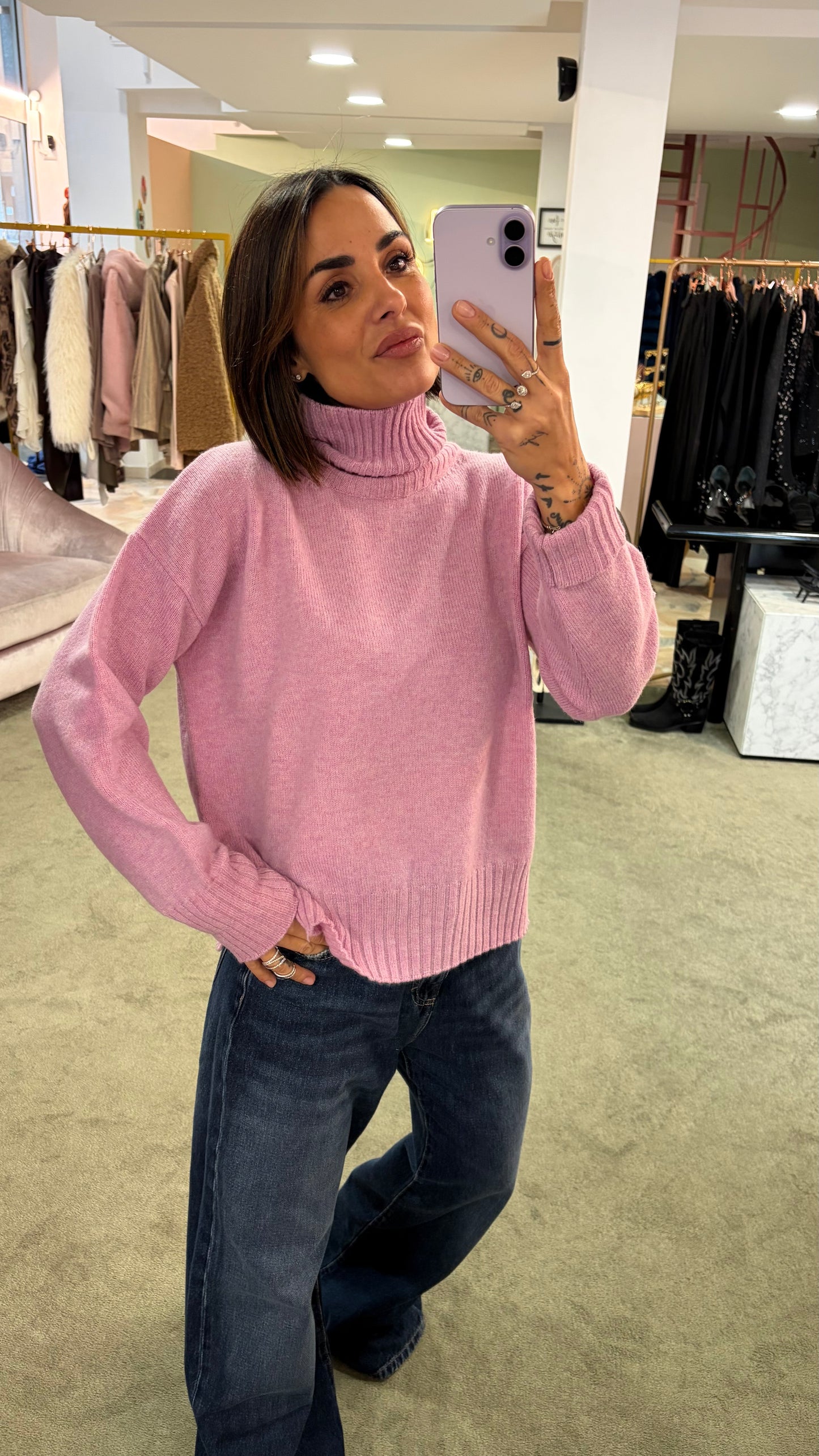 Dolcevita rosa peonia a scatoletta in lana Irish