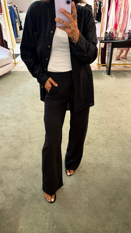 Pantaloni neri in lino con elastico e coulisse in vita sy
