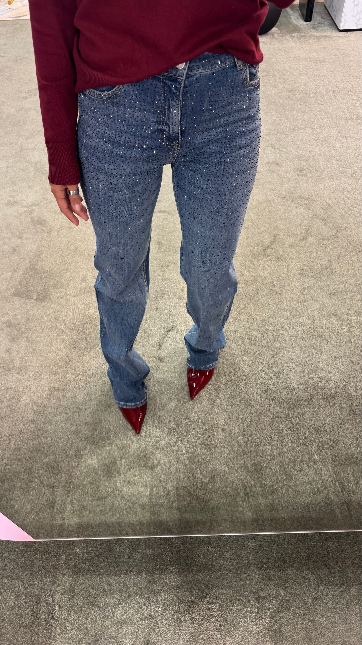 Jeans straight denim medio con cristalli fr