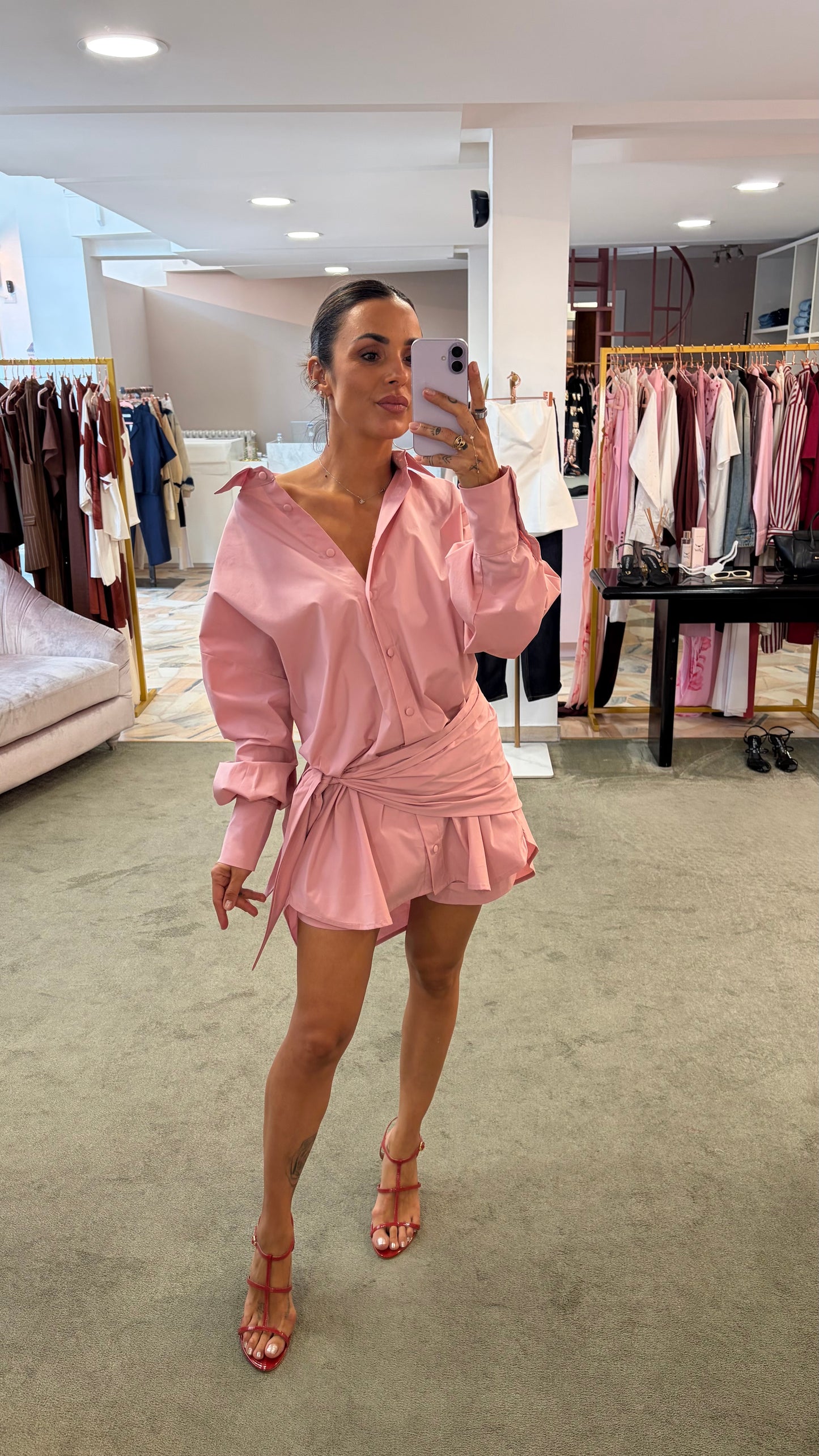 Abito camicia rosa con pareo in popeline ks
