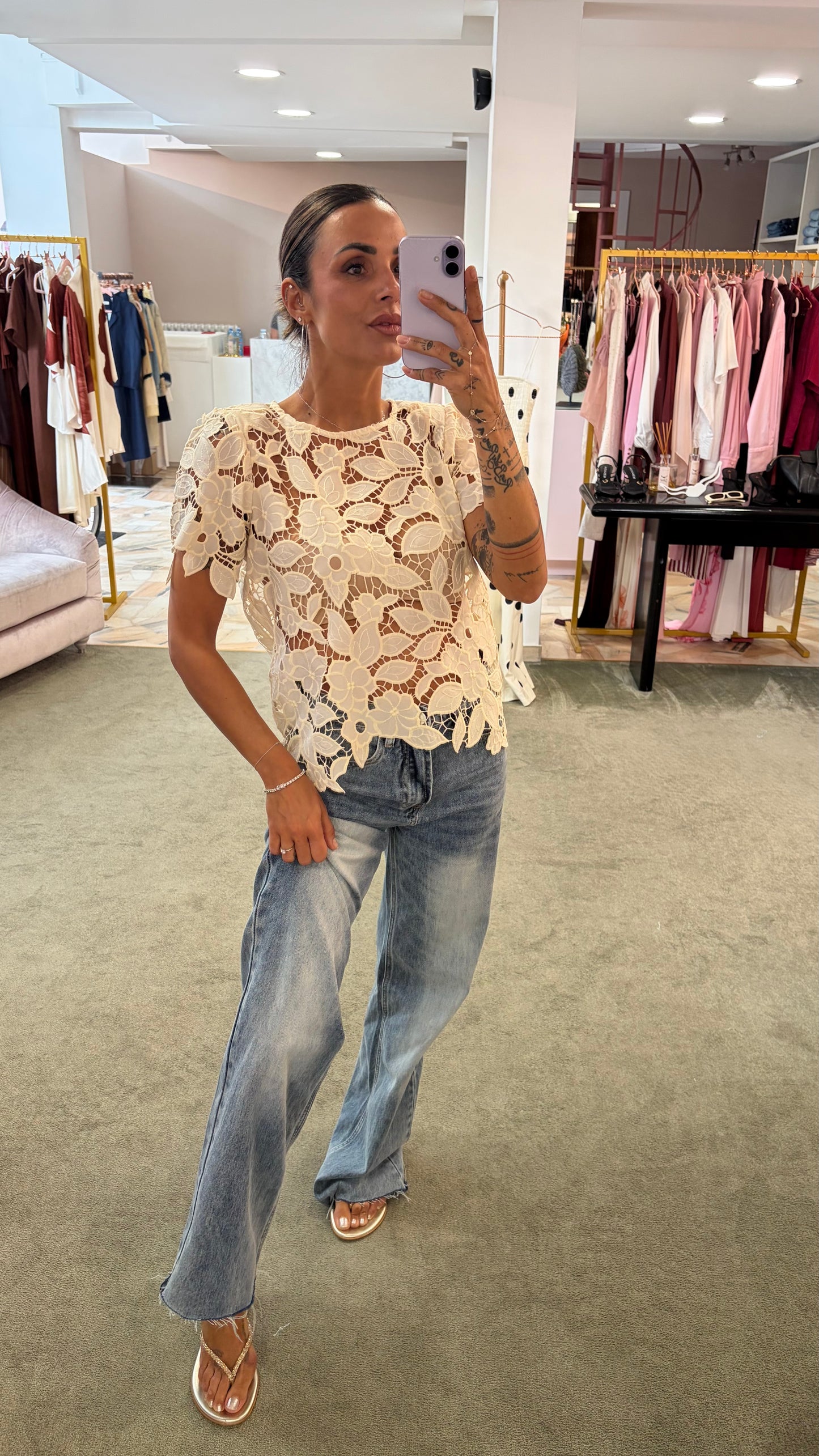 Maglia crema foglie traforata manica corta sy
