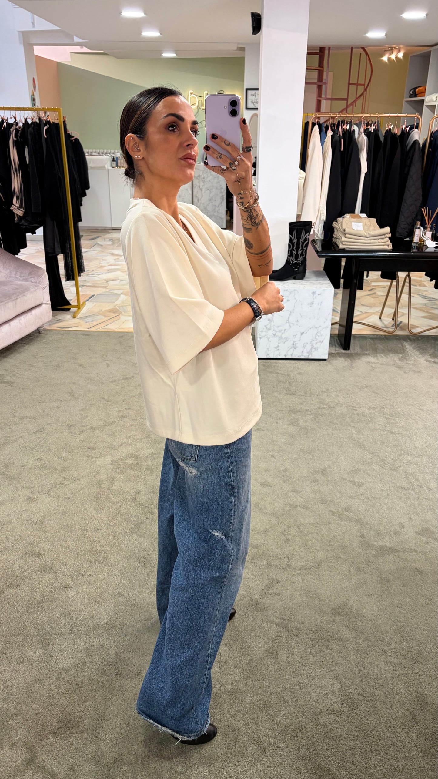 Felpa t-shirt scollo a v in modal panna mezza manica sy