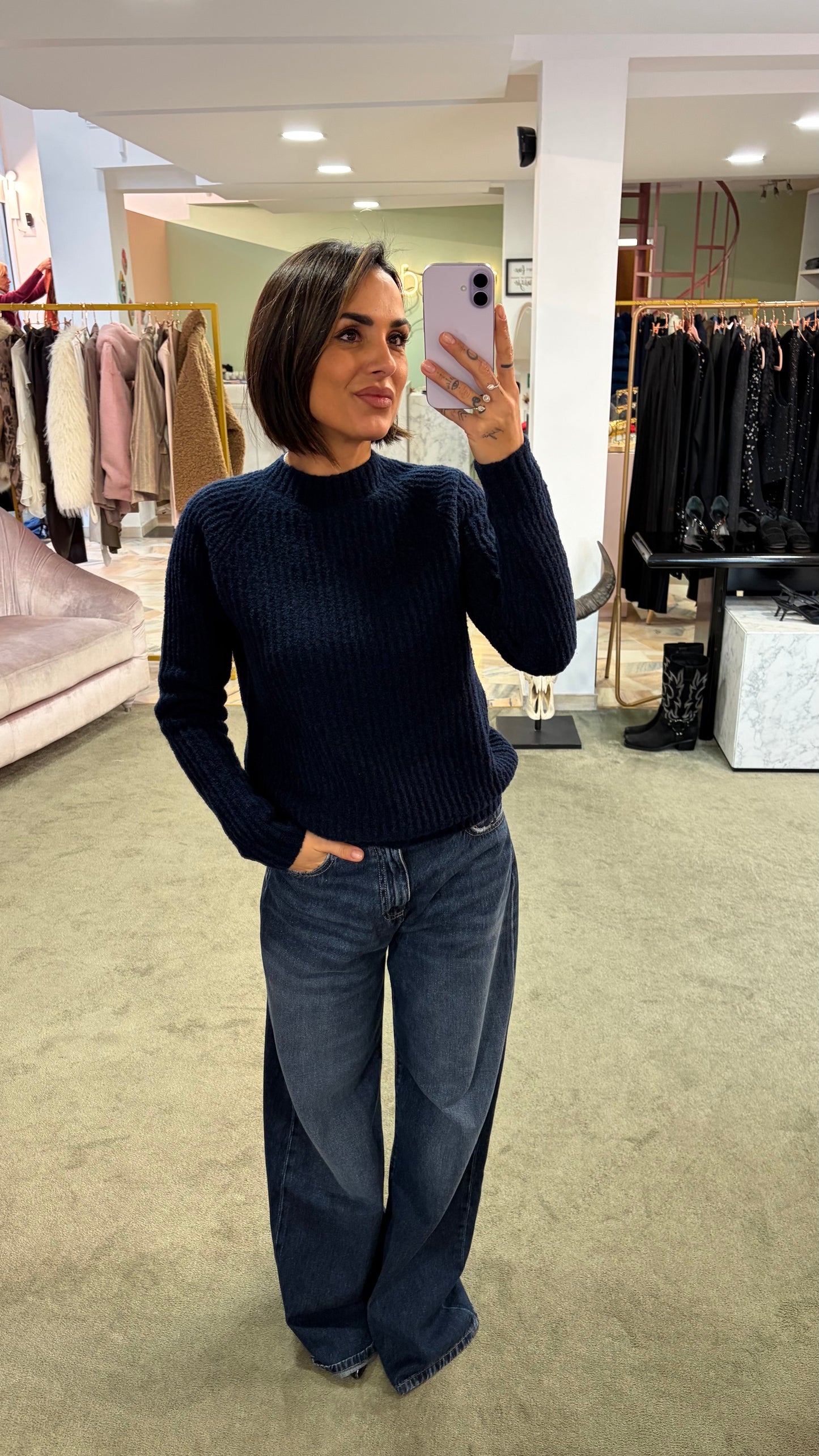 Maglione girocollo  blu navy a costine Irish