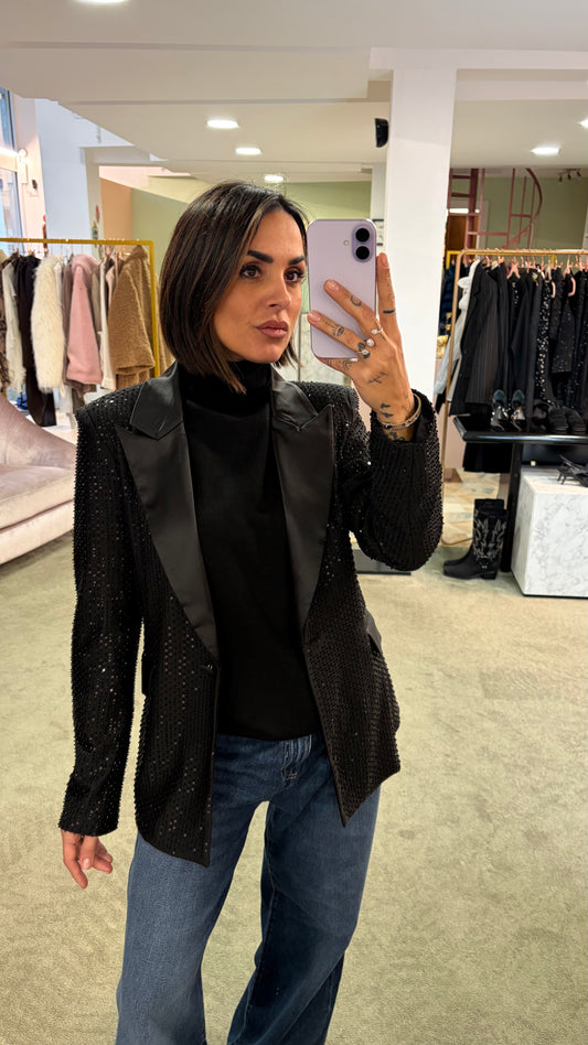 Blazer nero crystal con rever in raso fr