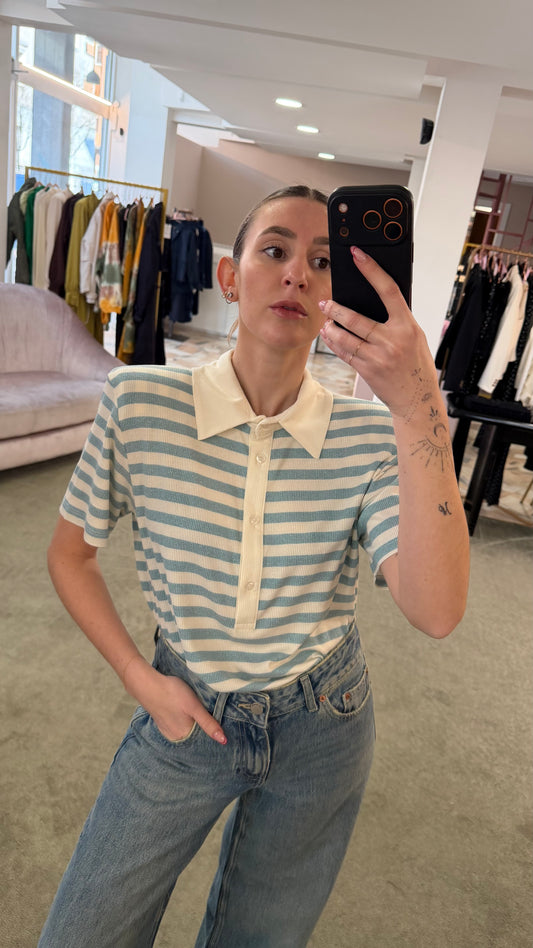 Polo bianca e azzurra a righe lurex ks