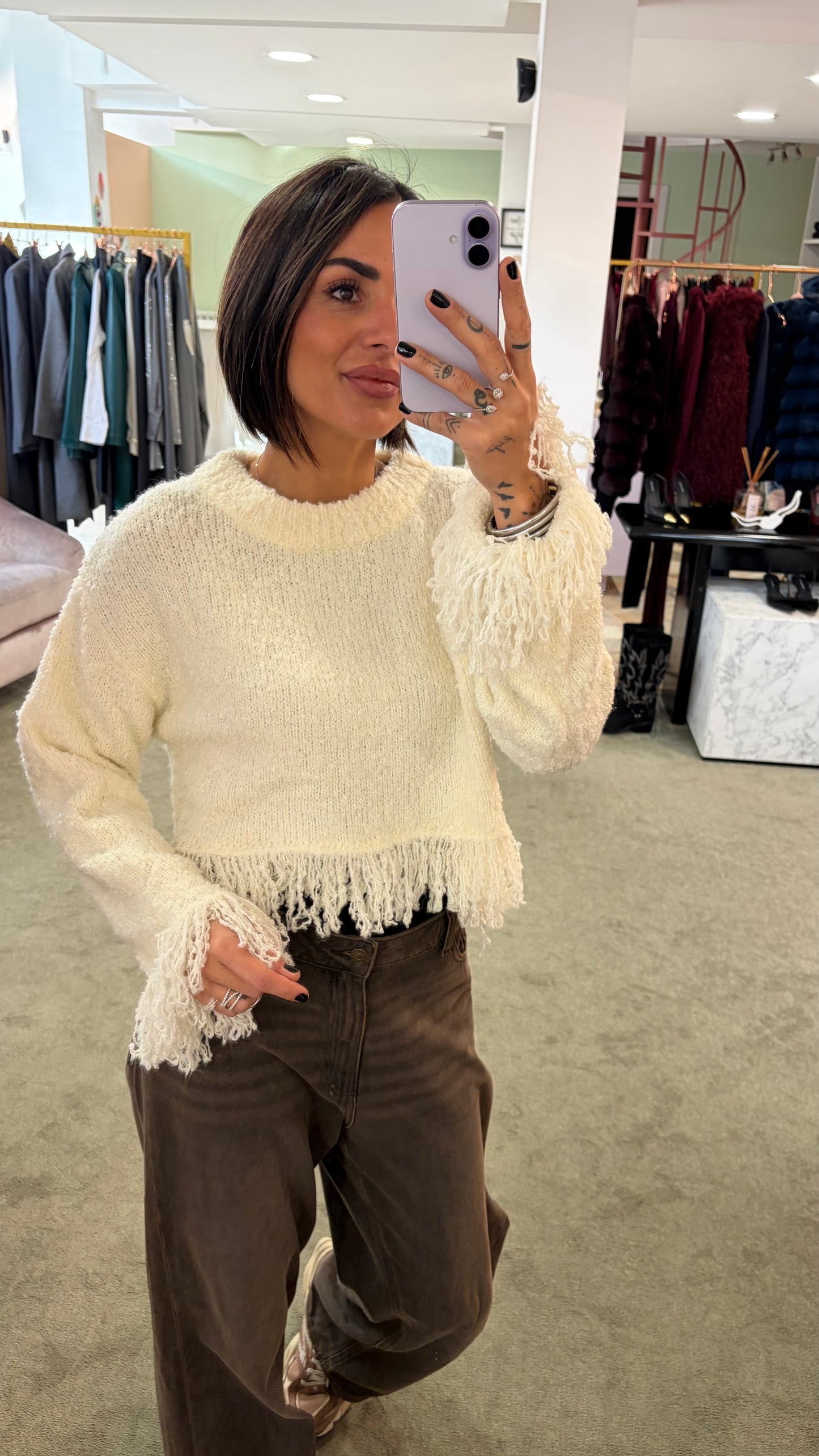Maglione panna crop con frange gl