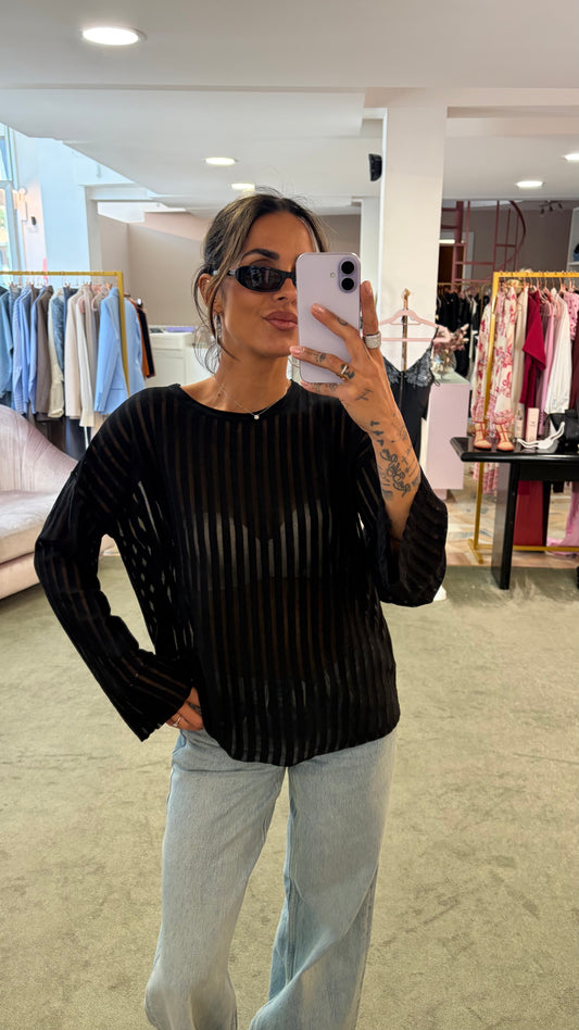 Maglia nera maniche lunghe a righe trasparente bj