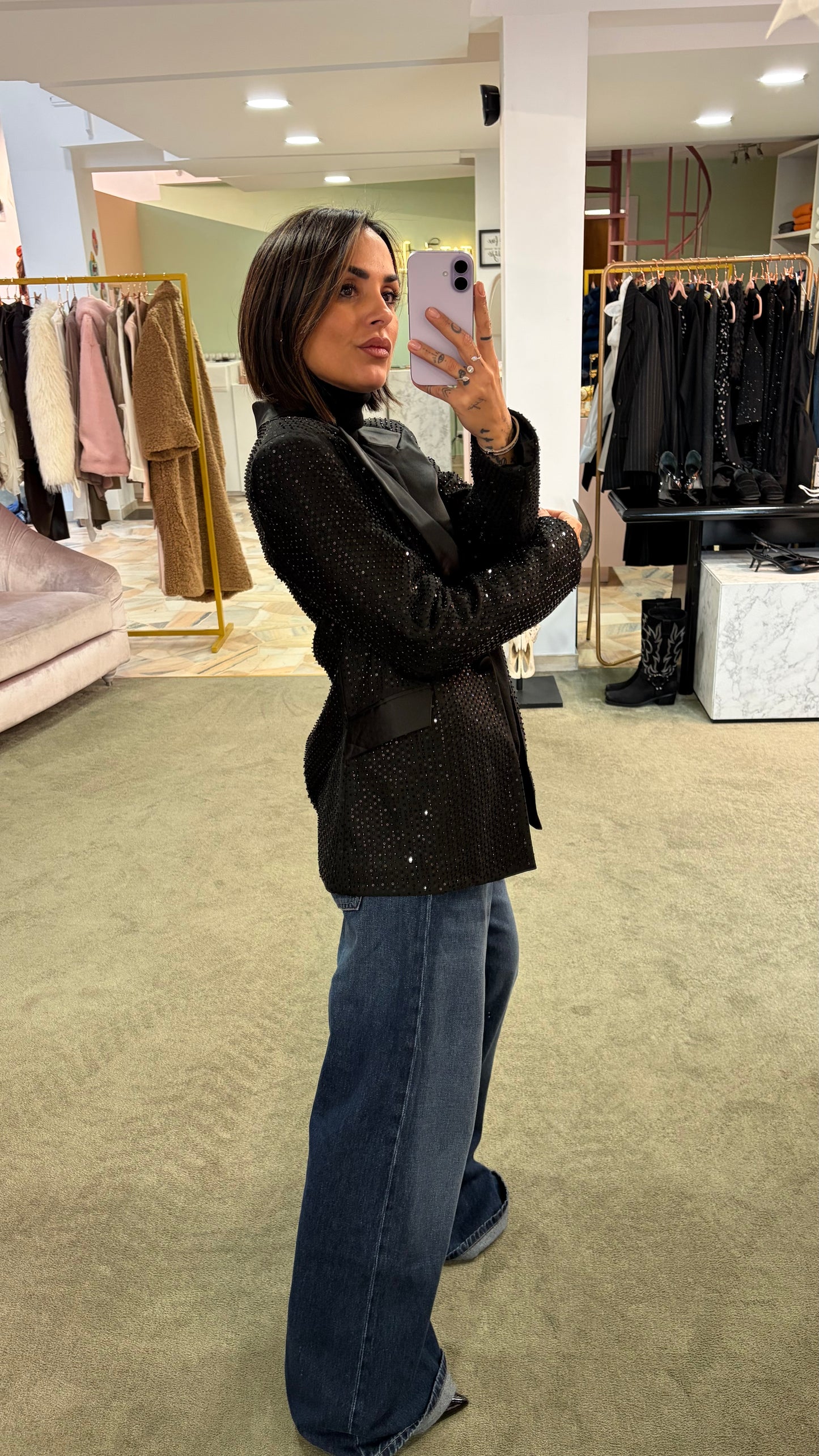 Blazer nero crystal con rever in raso fr