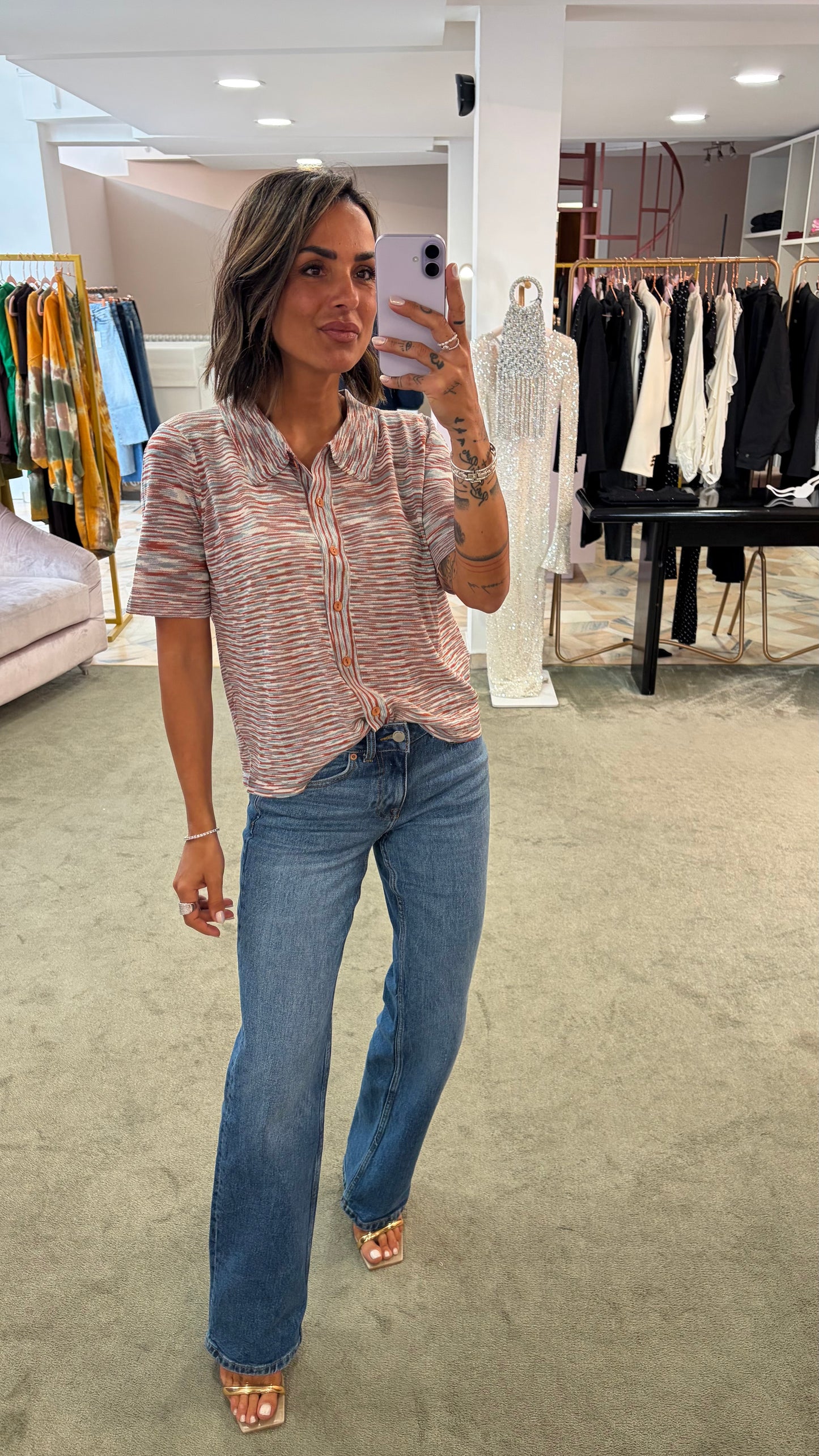 Polo camicia a righe multicolor con bottoncini apribili manica corta ay