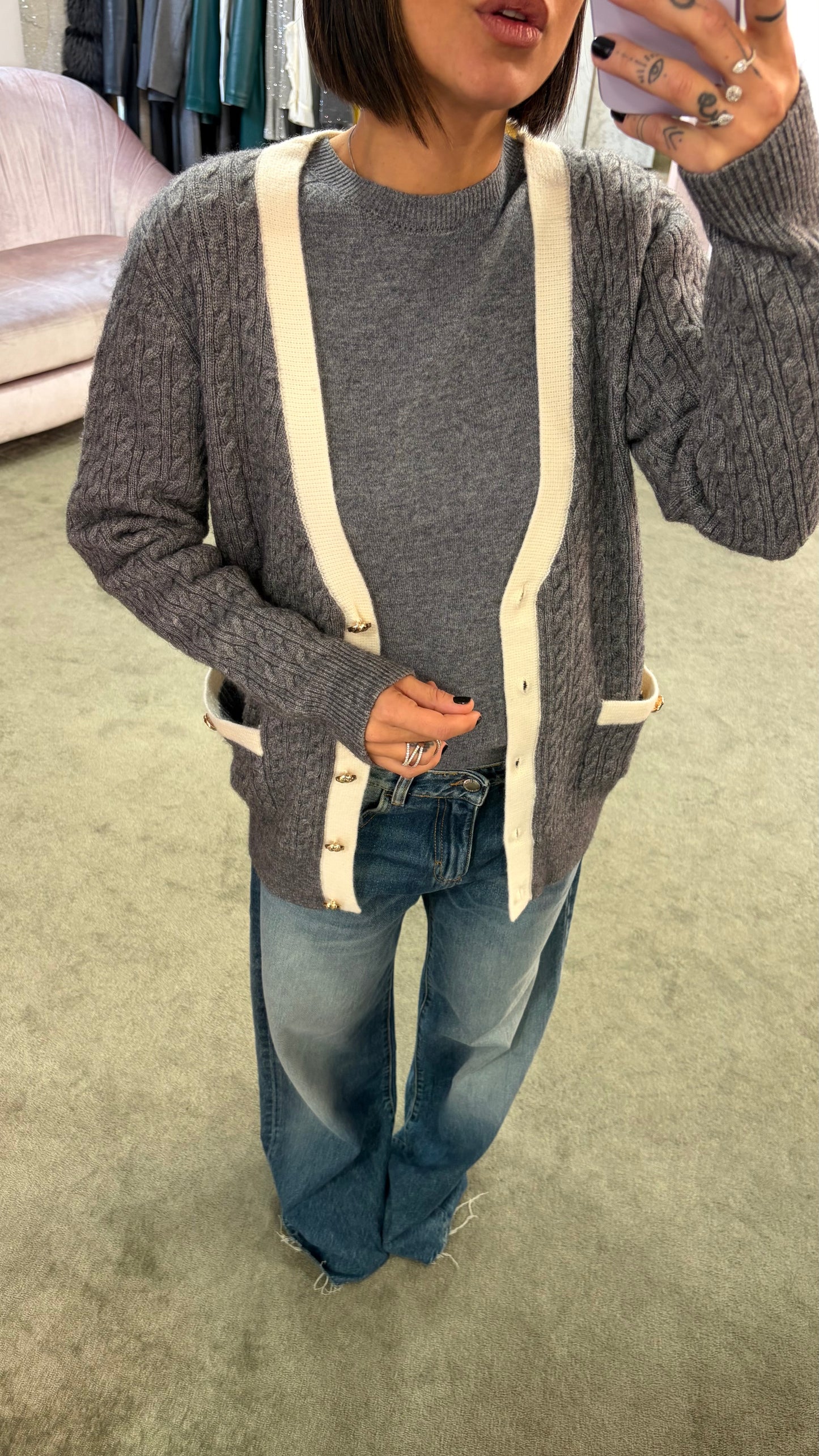 Cardigan over grigio a trecce fr