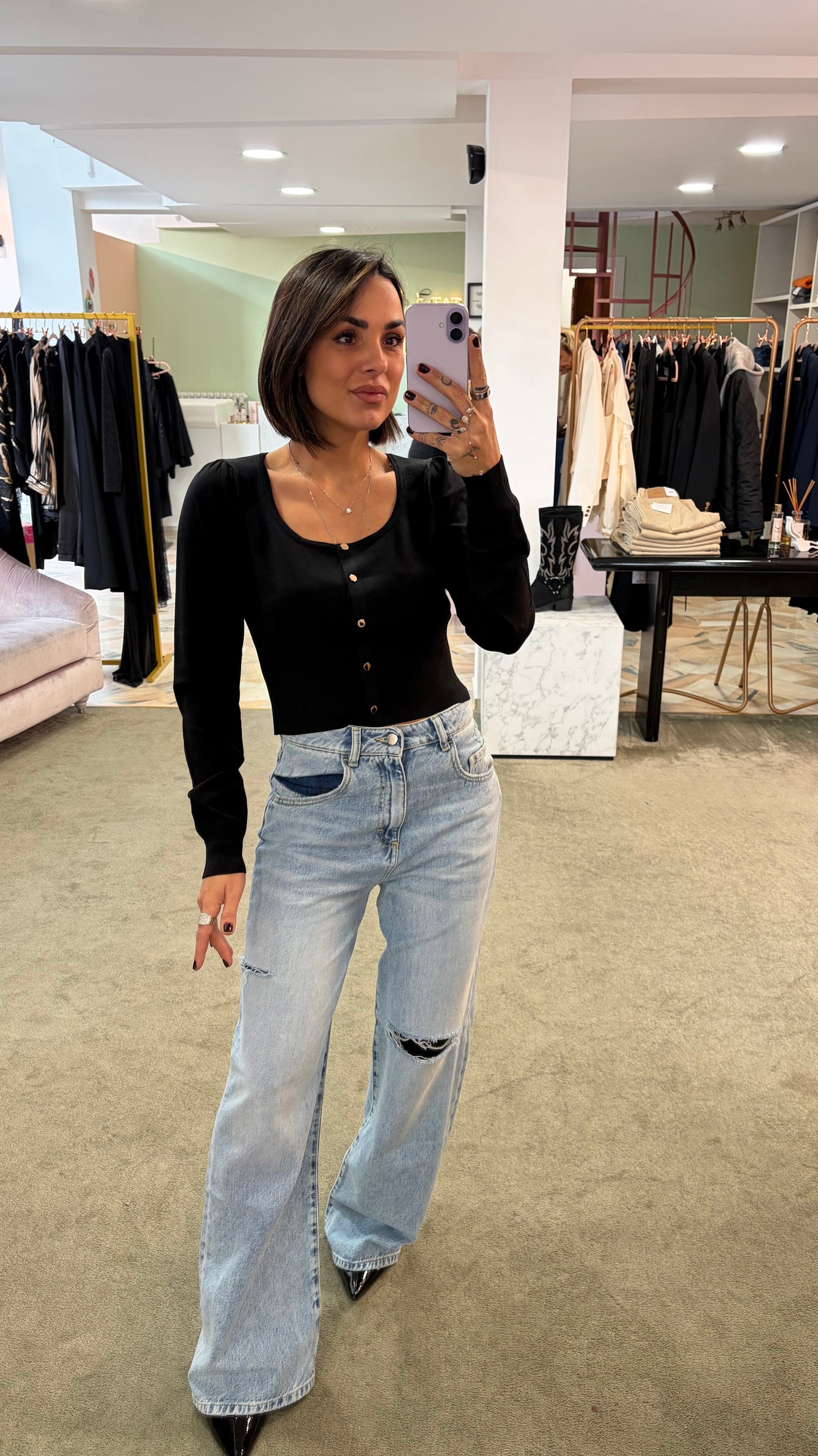 Cardigan mini nero scollo squadrato fr
